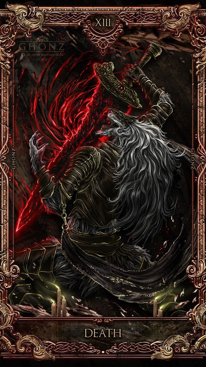 The image depicts a heavily armored, long-haired figure in a dynamic, battle-worn pose, wielding a massive, ornate sword that emits red energy. The character is clad in dark, intricate armor with flowing, tattered fabric and a voluminous white mane, suggesting a powerful, mythic entity. The composition is framed by an elaborate, gothic-style border with the Roman numeral XIII and the word 'DEATH' at the bottom, evoking a tarot card aesthetic. The art employs dramatic chiaroscuro lighting with a dark, textured background, emphasizing the character's imposing presence. The overall tone is epic and ominous, conveying a sense of finality and power through the character's posture and the swirling red energy around them.