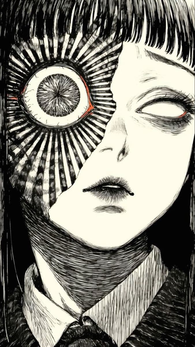 This is a highly detailed black-and-white illustration of a character with a split face: one side features a large, intricate, radiating eye with a red iris, while the other side displays a normal human eye and facial features. The character wears a collared shirt and tie, suggesting a school or formal uniform. The artwork uses meticulous cross-hatching and stippling techniques to create texture and depth, emphasizing the contrast between the organic and mechanical elements. The mood is eerie and introspective, evoking psychological tension through the surreal, half-human, half-machine appearance. The composition is a close-up portrait, focusing on the character's unsettling expression and the stark visual dichotomy between the two halves of the face.