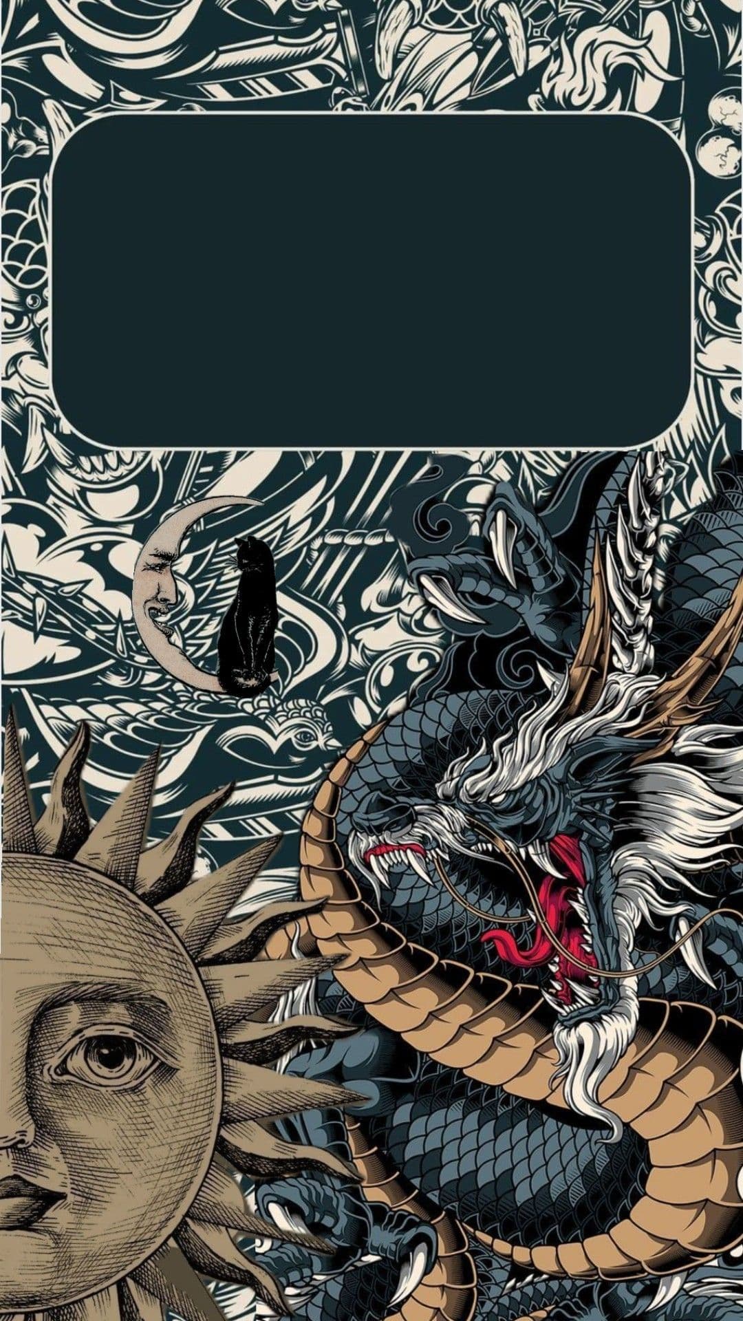 The image features a richly detailed, symmetrical composition centered around a mythological dragon with scales in shades of blue, gold, and white, its mouth agape in a fierce expression. To the left, a stylized sun with a human face and spiky rays contrasts with a crescent moon bearing a sleeping black cat, both rendered in intricate line work. The background is filled with elaborate, repeating patterns of swirling waves, clouds, and ornamental motifs in monochrome, creating a dense, tapestry-like texture. The overall aesthetic is reminiscent of vintage engraving and fantasy illustration, with strong contrast and deliberate symmetry. The mood is epic and mystical, evoking ancient legends and celestial symbolism through its balanced, mythological elements.