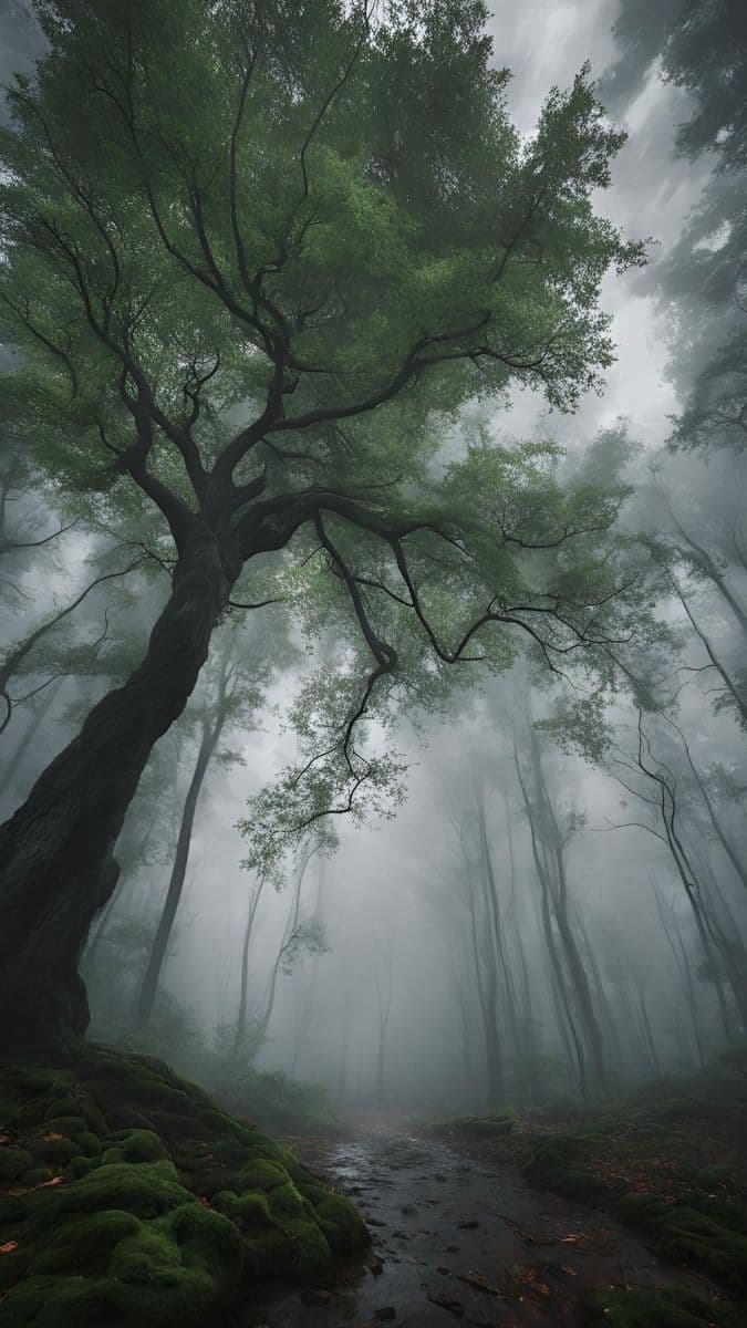 This image captures a solitary, ancient tree with gnarled bark and sprawling branches dominating the left foreground, its roots covered in lush green moss. A misty, atmospheric forest stretches into the background, with slender tree trunks fading into the fog, creating a sense of depth and mystery. The ground is damp and mossy, with a narrow, winding path receding into the foggy distance, suggesting a quiet, untouched woodland. The artistic style employs soft, diffused lighting and painterly shading, emphasizing texture and mood over sharp detail. The overall atmosphere is serene, melancholic, and slightly eerie, evoking a sense of solitude and the passage of time in nature.