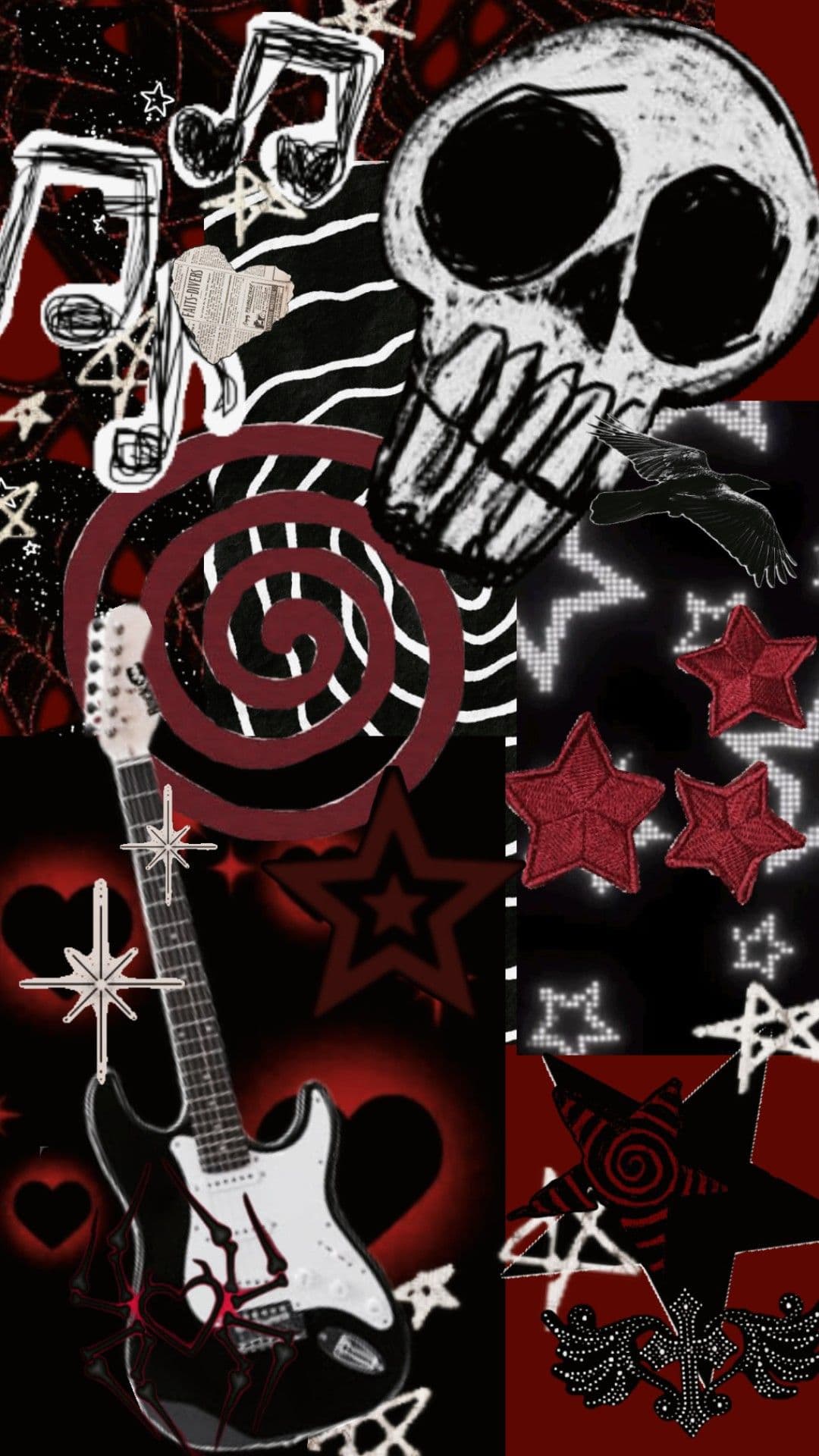 This collage-style wallpaper features a stylized black and white skull as the dominant central element, rendered with bold, sketchy linework against a dark red and black background. A white electric guitar with black accents is positioned diagonally, overlaid with musical notes and star motifs, suggesting a rock or punk aesthetic. The composition is layered with geometric patterns, including red spirals and black-and-white zebra stripes, creating a dynamic, high-energy visual texture. The overall mood is edgy and rebellious, enhanced by the juxtaposition of musical symbols, skulls, and stars, evoking themes of rebellion, creativity, and intensity. The artwork uses a stark contrast between red, black, and white, with sharp lines and graphic elements that emphasize a modern, digital illustration style.