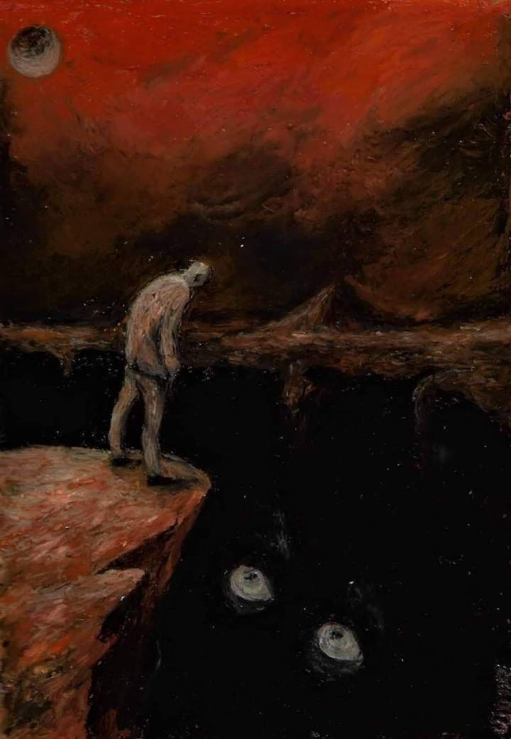 The image portrays a solitary, gaunt figure standing on the edge of a crumbling cliff, gazing downward into a vast, abyssal chasm. The figure is clad in a simple, loose-fitting garment that covers the entire body, with no visible skin exposure. Below, the darkness of the void is punctuated by two large, glowing, eye-like orbs that suggest a sentient or ominous presence. The sky above is a turbulent, fiery red, with a pale, cratered moon visible in the upper left corner, adding to the surreal, ominous atmosphere. The painting employs thick, expressive brushstrokes and a dramatic chiaroscuro lighting scheme, emphasizing the figure's isolation and the depth of the abyss. The overall mood is melancholic and existential, evoking themes of despair, contemplation, and the unknown.