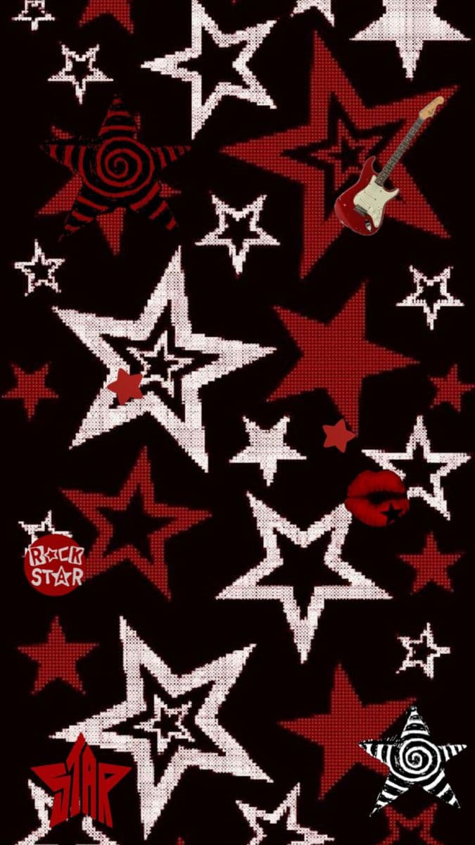 The image features a stylized, repeating pattern of stars in red and white against a black background, rendered with a textured, knitted or woven appearance. Interspersed among the stars are small decorative elements including a red electric guitar, a red lipstick kiss mark, and a spiral motif, all maintaining the same textured aesthetic. The composition is dense and symmetrical, creating a rhythmic, energetic visual field. The overall design evokes a retro rock or punk aesthetic, with bold typography including the words 'rock star' and 'star' in stylized fonts. The image is a decorative wallpaper design, not depicting any characters or narrative scenes, and is purely abstract and thematic in nature.