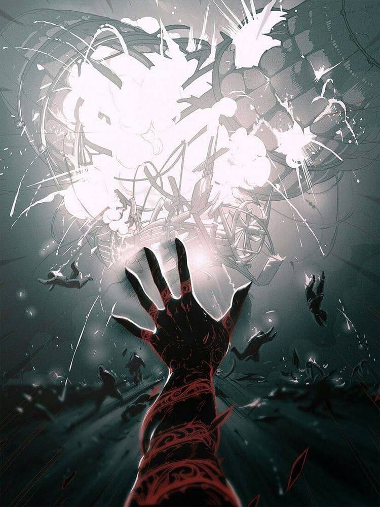 The image depicts a dramatic, high-contrast action scene centered on a single hand reaching upward, adorned with intricate red tribal-like tattoos that extend from the wrist to the fingertips. The hand is positioned in the foreground, emerging from a dark, chaotic environment filled with shattered debris and flying fragments of what appears to be a broken structure. In the background, silhouettes of fallen figures are scattered across a desolate landscape, suggesting a recent battle or catastrophic event. The composition uses dynamic lines and explosive light bursts to convey immense power and destruction, with the hand serving as a focal point of control or power. The overall atmosphere is intense and cinematic, evoking themes of sacrifice, resilience, or cosmic power, rendered with a stylized, high-impact visual language.