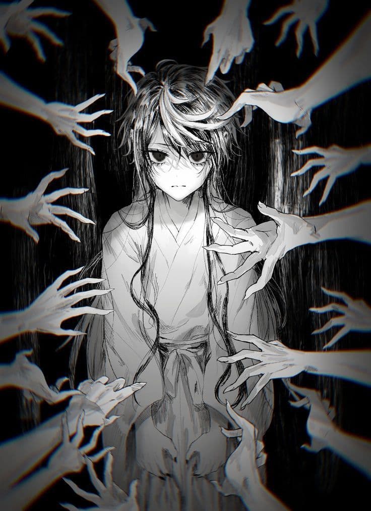 The central figure is a young female character with long, disheveled dark hair and large, wide eyes conveying fear or shock, dressed in a traditional, loose-fitting garment with a sash tied at the waist. She is surrounded by numerous pale, elongated hands reaching toward her from all directions, creating a sense of entrapment and dread. The scene is rendered in high-contrast black and white, with dramatic chiaroscuro lighting that emphasizes the character's face and the skeletal fingers. The background is a dark, textured void, suggesting a supernatural or psychological horror setting. The overall mood is intense and unsettling, evoking themes of vulnerability and supernatural threat, yet the character's attire and posture maintain full modesty and avoid any suggestive elements.