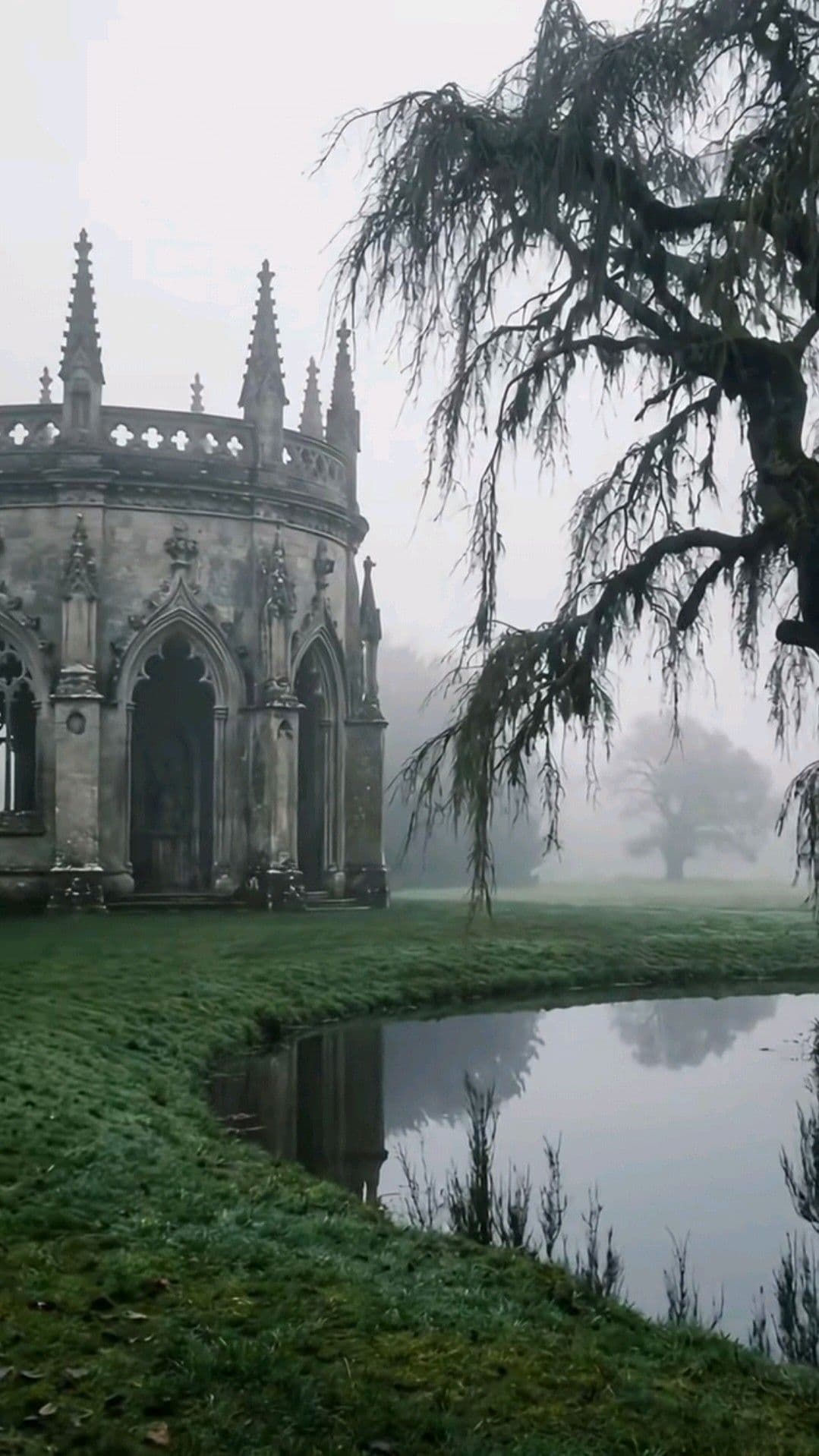 The image depicts a grand, weathered Gothic-style pavilion with pointed spires and arched entrances, partially obscured by misty fog. A large, gnarled tree with drooping branches dominates the right foreground, its silhouette contrasting with the pale, overcast sky. In the foreground, a still pond reflects the pavilion and surrounding greenery, adding depth and tranquility to the scene. The grassy lawn is lush and dewy, suggesting early morning or misty conditions. The overall composition evokes a sense of timeless serenity and quiet mystery, enhanced by the soft, diffused lighting and atmospheric haze. The architectural detail and natural elements combine to create a moody, contemplative landscape.