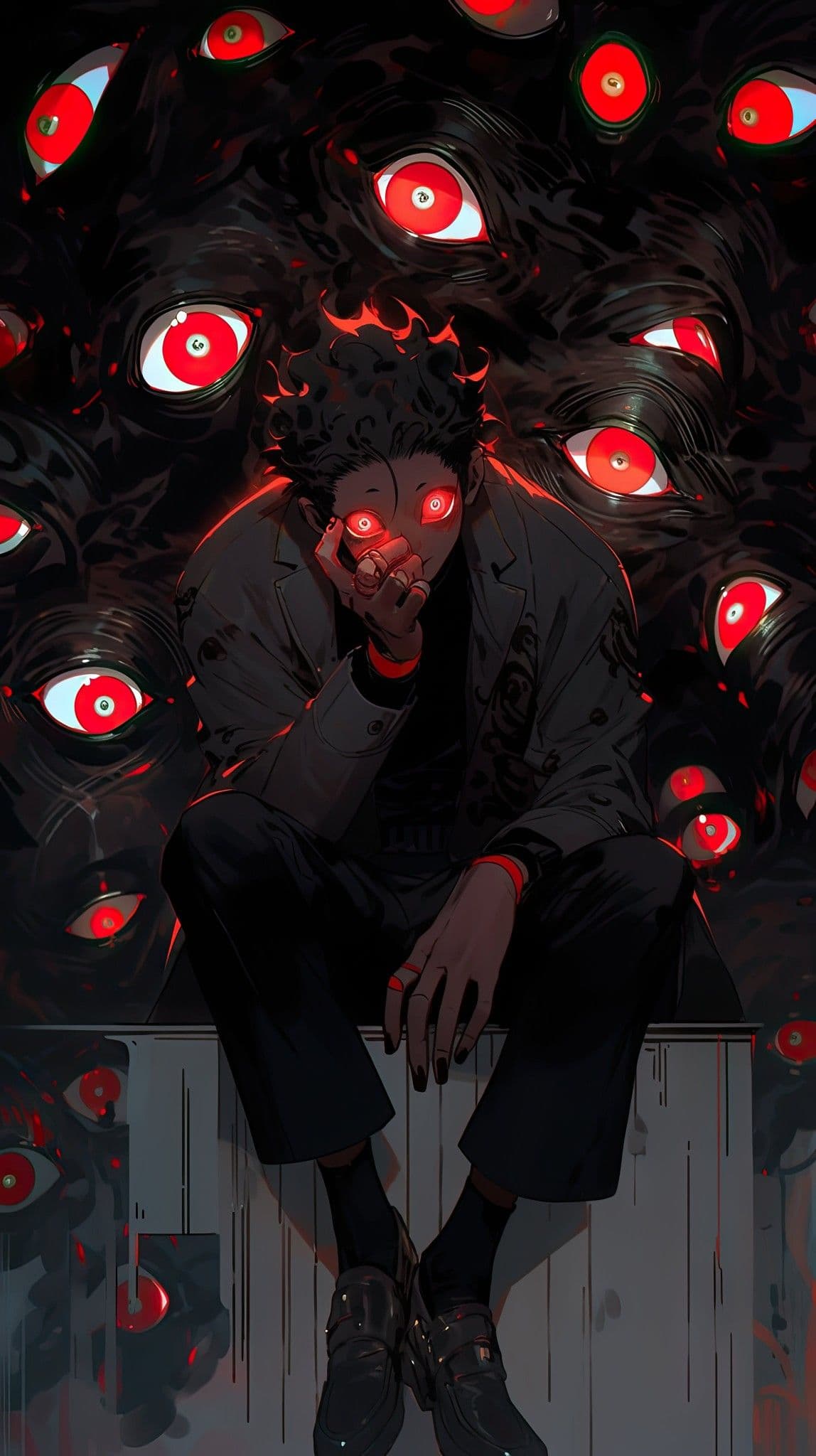 A lone, dark-haired male character sits in a contemplative pose atop a weathered wooden structure, his hands clasped near his face as glowing red eyes pulse from his own eyes and the surrounding chaotic mass. He wears a dark, tailored suit with subtle red accents on the cuffs and collar, paired with black socks and polished shoes, maintaining full coverage. Behind him, a swirling, organic mass of glowing red eyes emerges from shadow, creating a surreal, ominous backdrop that contrasts with his stillness. The artwork employs dramatic chiaroscuro lighting and cel-shaded rendering to emphasize texture and depth, while the composition centers the character against a turbulent, eye-filled void. The overall mood is introspective and eerie, blending psychological tension with visual grandeur in a stylized, high-contrast digital illustration.