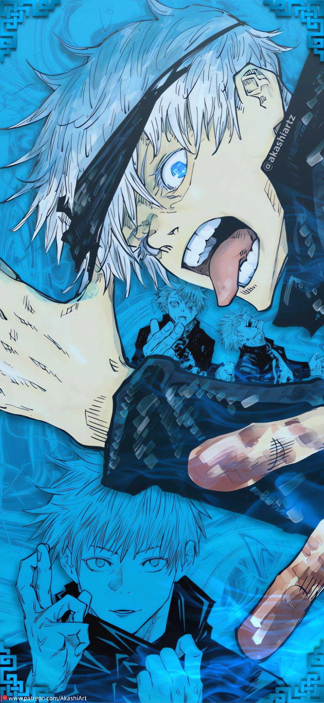 The image features a dynamic collage of Satoru Gojo from Jujutsu Kaisen, dominated by a large, intense close-up of his face with one striking blue eye visible and his signature blindfold pushed up. He is depicted in his standard high-collared dark jujutsu sorcerer uniform, which provides full coverage. The composition includes smaller, inset illustrations showing him in various states of combat and using his 'Infinite Void' technique, characterized by his hand signs. The background is a swirling, ethereal blue energy field that mimics the appearance of water or cursed energy, creating a sense of immense power. The artistic style utilizes sharp, manga-accurate line work with professional digital coloring and cel-shading. The overall atmosphere is intense, energetic, and slightly chaotic, reflecting the high-stakes nature of the character's battles.