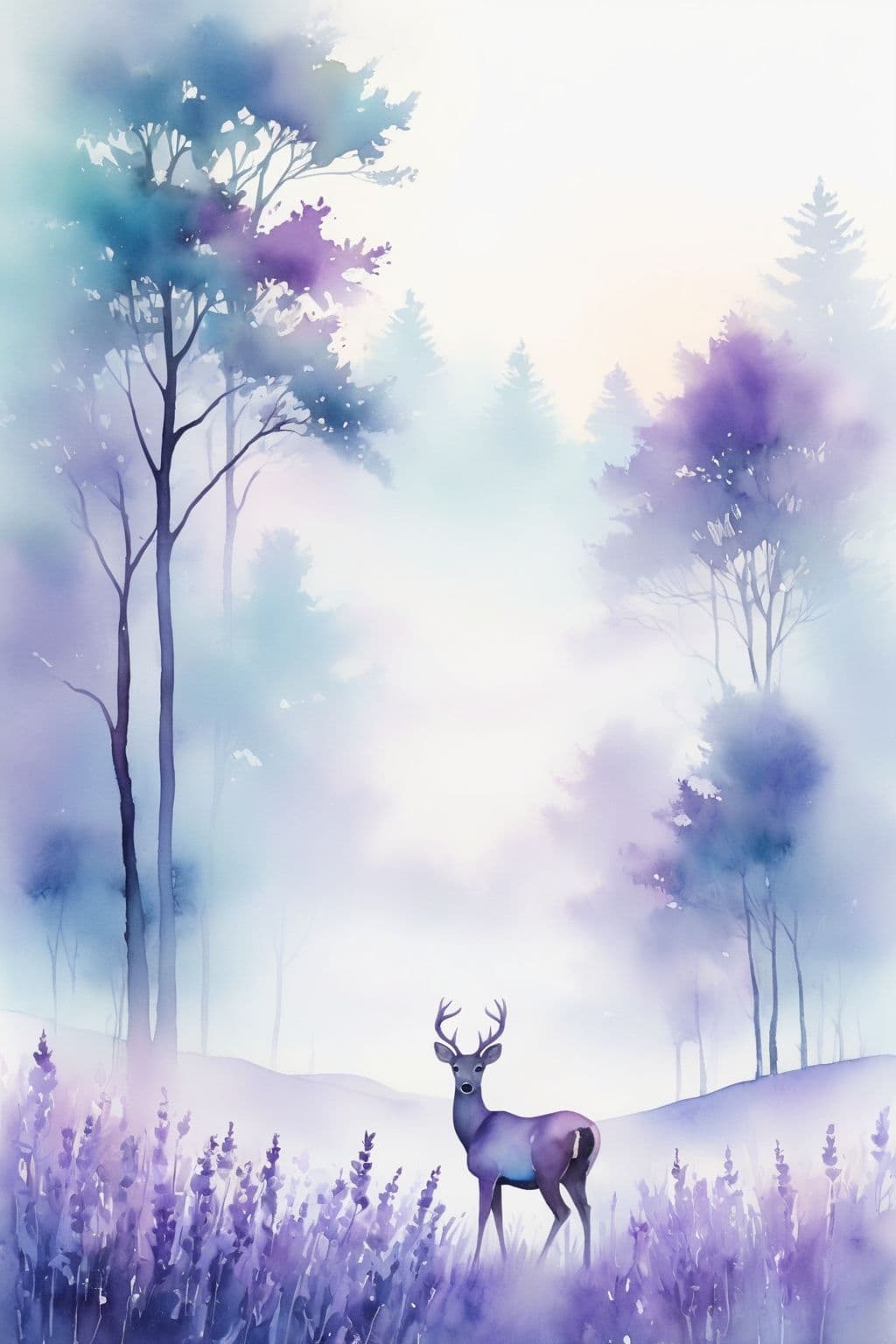 A solitary deer stands gracefully in a misty, ethereal forest clearing, its form rendered with soft, painterly strokes. The background features tall, slender trees with delicate branches, their foliage blending into a hazy, dreamlike atmosphere of lavender and teal hues. The foreground is filled with tall, purple wildflowers that sway gently, adding depth and texture to the composition. The artwork employs a watercolor technique with translucent layers, creating a serene, tranquil mood that evokes quiet contemplation and natural beauty. The lighting is diffused and gentle, suggesting early morning or late afternoon, with a soft glow illuminating the scene from above. The overall tone is peaceful and meditative, inviting viewers to appreciate the quiet majesty of nature.