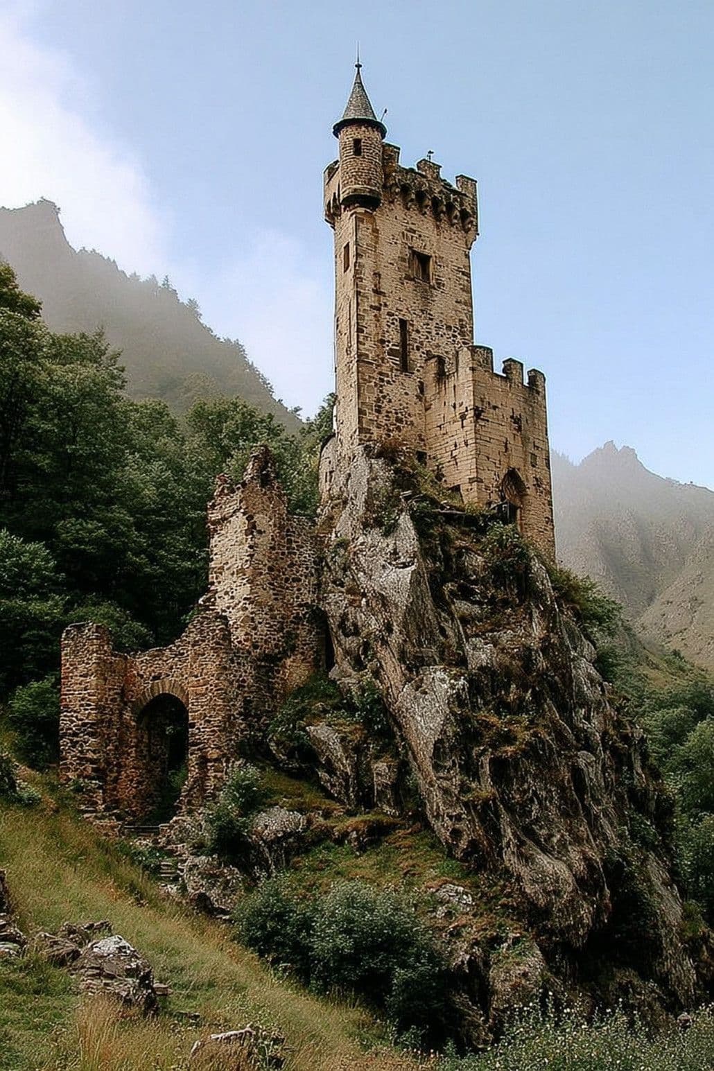 The image features a weathered, medieval-style stone tower perched atop a rugged cliffside, with visible ruins and an arched entrance below. The structure is surrounded by dense green forest and misty mountain ranges in the background, suggesting a remote, ancient location. The photograph employs natural daylight with a front-facing light source, highlighting the texture of the stone and the surrounding vegetation. The composition is a medium shot, emphasizing the tower's imposing presence against the natural landscape, with a sense of timelessness and quiet grandeur. The overall atmosphere is peaceful and contemplative, evoking a sense of history and solitude.