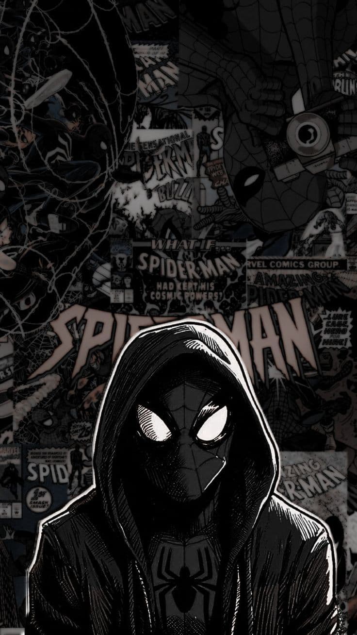 The image features a stylized, black-and-white illustration of Spider-Man in a hooded cloak, with his iconic mask and spider emblem visible. He is depicted in a frontal pose, looking directly at the viewer with glowing white eyes, conveying a mysterious and intense presence. The background is a dense collage of comic book panels, headlines, and Spider-Man-related text, creating a layered, nostalgic superhero aesthetic. The artwork employs high-contrast linework and dramatic shading, emphasizing the character's silhouette against the chaotic backdrop. The overall tone is moody and atmospheric, evoking themes of identity, mystery, and comic book fandom, with a strong emphasis on visual storytelling through typography and illustration.