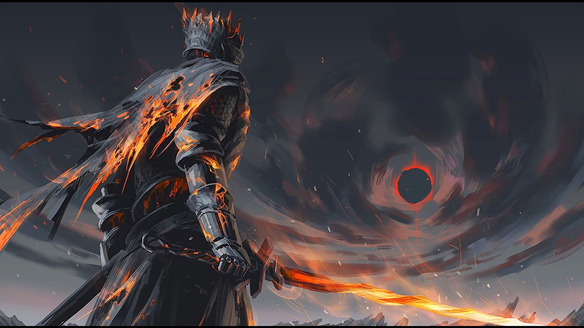 The image features a solitary armored figure standing in profile, facing away from the viewer toward a swirling red celestial body resembling an eclipse or black hole. The character wears intricate silver-gray armor with flame-like orange accents on their flowing cloak and weapon, creating a striking contrast against the dark backdrop. The pose is dynamic yet composed, emphasizing the figure’s readiness as they grip a glowing orange sword that extends toward the sky. The setting depicts a stormy, atmospheric night sky filled with swirling clouds, while subtle landscape details below suggest an urban or fantasy environment. Artistic techniques include sharp line work and cel-shaded shading, with dramatic lighting from the front/side highlighting the armor’s texture and the fiery accents, enhancing the epic and mysterious mood of the scene.