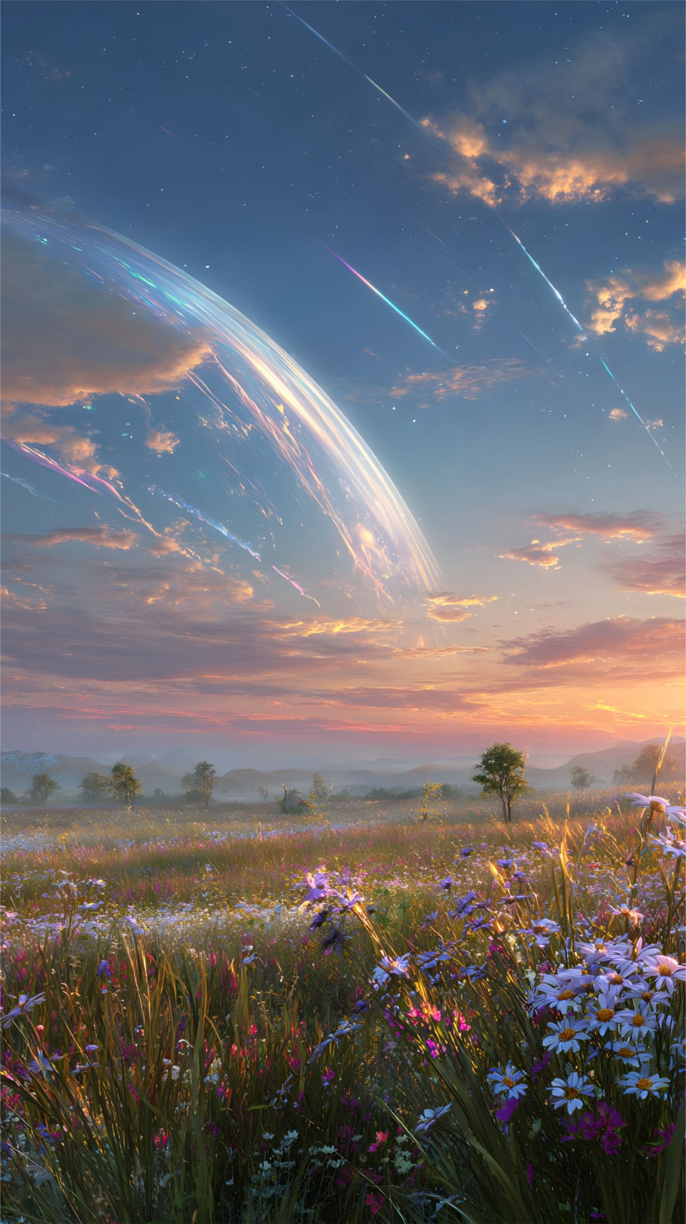 This image depicts a vast, serene meadow filled with wildflowers and tall grasses under a twilight sky, with a massive, glowing celestial body dominating the horizon. The scene is bathed in the warm, soft light of a setting sun, casting gentle hues of orange, pink, and purple across the clouds and landscape. Multiple streaks of light, resembling shooting stars or cosmic phenomena, arc gracefully through the sky, adding a sense of wonder and cosmic scale. The composition is tranquil and expansive, evoking a feeling of peace and awe as the viewer is drawn into the natural beauty and vastness of the universe. The artistic rendering is highly detailed, with realistic textures and lighting that emphasize depth and atmosphere, creating an immersive, dreamlike environment.