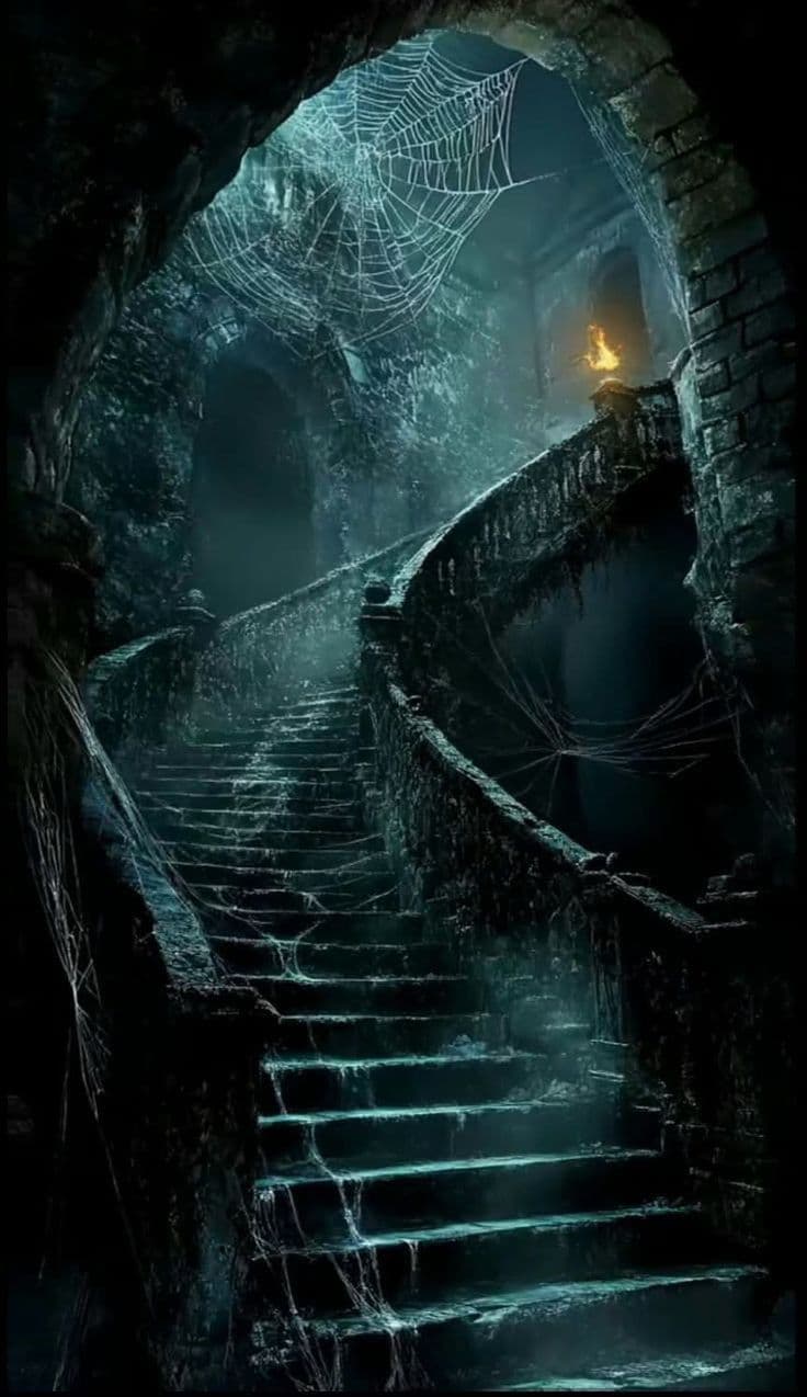 The image depicts a hauntingly atmospheric, abandoned stone staircase winding upward through a dark, moss-covered archway, draped in thick spiderwebs that glisten with ambient light. A single flickering torch mounted on the upper landing casts a warm, eerie glow against the cool, blue-green tones of the damp stone and mist. The scene evokes a sense of forgotten history and quiet dread, with the staircase appearing both inviting and perilous. The composition uses dramatic chiaroscuro lighting to emphasize texture and depth, with the archway framing the descent into mystery. The overall mood is melancholic and immersive, inviting viewers to imagine stories hidden within the decaying architecture.
