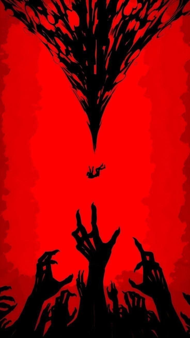 The image depicts a dramatic, stylized silhouette composition against a vivid red background, featuring numerous outstretched, clawed hands rising from the bottom of the frame, suggesting a crowd or mass of entities. Above them, a small, isolated figure is suspended in mid-air, seemingly falling or being drawn toward a massive, inverted, tree-like structure that dominates the upper portion of the image. The visual style is minimalist and high-contrast, emphasizing form and motion over detail, creating a sense of impending doom or cosmic entrapment. The overall atmosphere is ominous and surreal, evoking themes of entrapment, sacrifice, or cosmic horror through stark, symbolic imagery. The use of negative space and bold silhouettes enhances the emotional weight and visual impact of the scene.