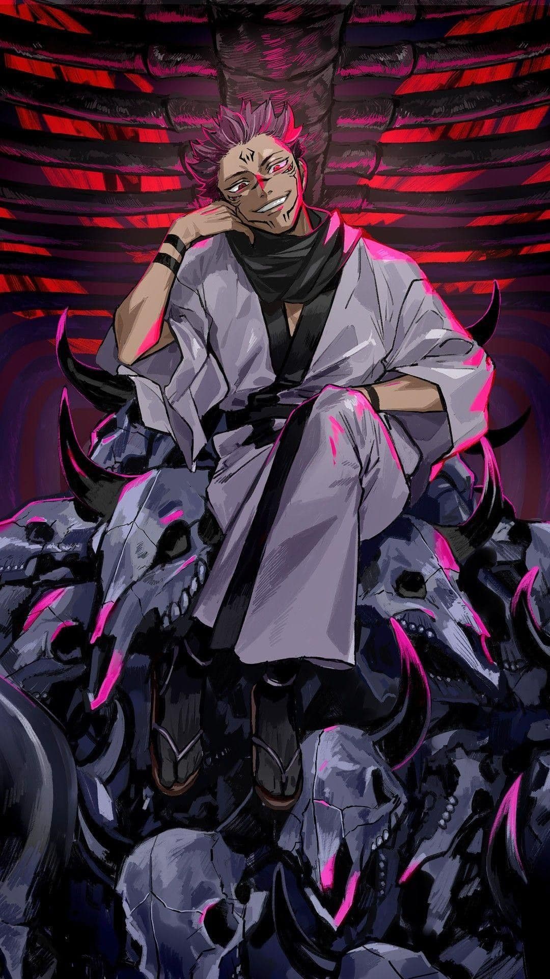 The image features Ryomen Sukuna from Jujutsu Kaisen, depicted with his signature pink spiky hair and intricate black facial markings. He is dressed in a traditional light-colored kimono with a dark scarf and sash, maintaining a fully modest and covered appearance. The character is seated in a relaxed yet dominant pose atop a massive pile of horned animal skulls, resting his chin on his hand with a confident, sinister smirk. The background is dominated by a large, rib-like skeletal structure illuminated by a deep red glow, suggesting a macabre throne room or an innate domain. The art style utilizes sharp line work and high-contrast cel shading, with vibrant pink highlights reflecting off the surfaces to create a cohesive color palette. The overall atmosphere is dark, powerful, and intimidating, perfectly capturing the essence of the 'King of Curses'.