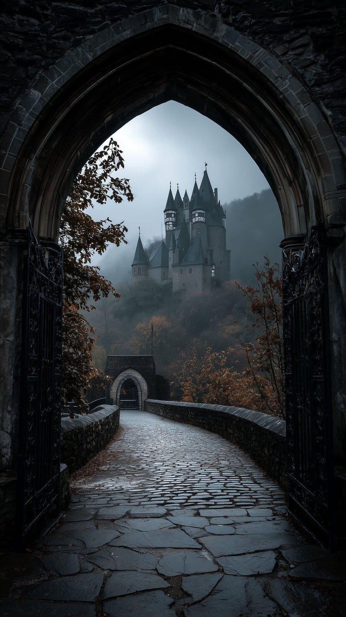 The image presents a dramatic, atmospheric view through a massive, weathered stone archway leading to a misty, gothic castle perched atop a hill. A cobblestone path, wet and reflective from recent rain, winds through the archway, flanked by ornate wrought-iron gates and autumnal foliage. The castle features multiple spires and turrets, partially obscured by fog, creating a sense of mystery and grandeur. The composition uses strong linear perspective, drawing the viewer’s eye from the foreground arch into the distant, ethereal castle. The lighting is soft and diffused, suggesting an overcast, misty day, enhancing the moody, timeless atmosphere of the scene.