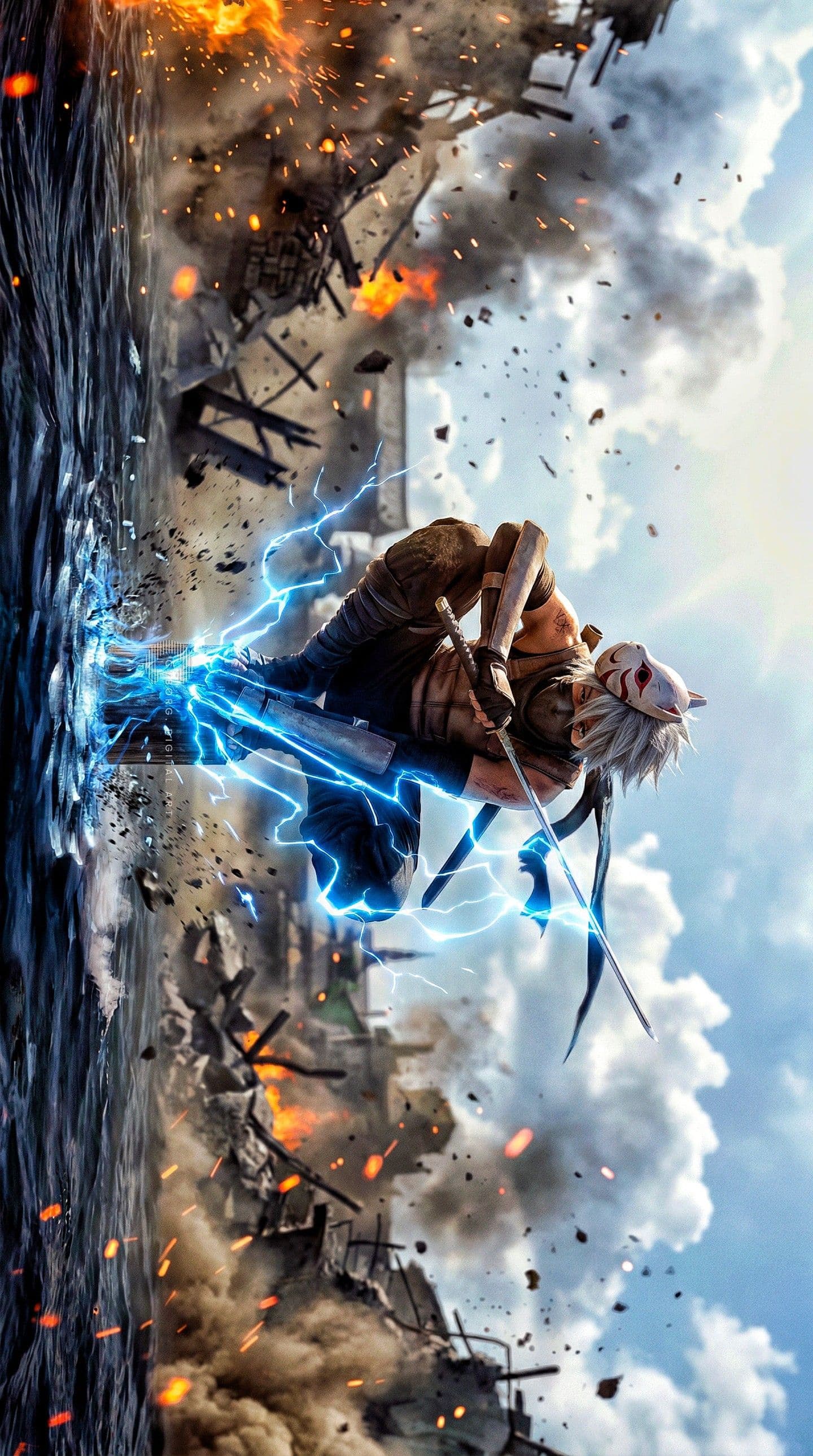 The image depicts a dynamic action scene featuring a character with white hair and a fox mask, mid-leap over a fiery, debris-filled battlefield. The character is clad in rugged, battle-worn armor and wielding a sword, with blue lightning energy emanating from their feet, suggesting a powerful magical or elemental ability. The background shows a chaotic urban environment with burning structures and flying shrapnel, contrasting with a bright, clear sky above. The artwork employs sharp linework and cel-shaded shading to emphasize motion and impact, with dramatic lighting from the front illuminating the character against the explosive backdrop. The overall mood is intense and epic, capturing a moment of high-stakes combat with a sense of urgency and power.