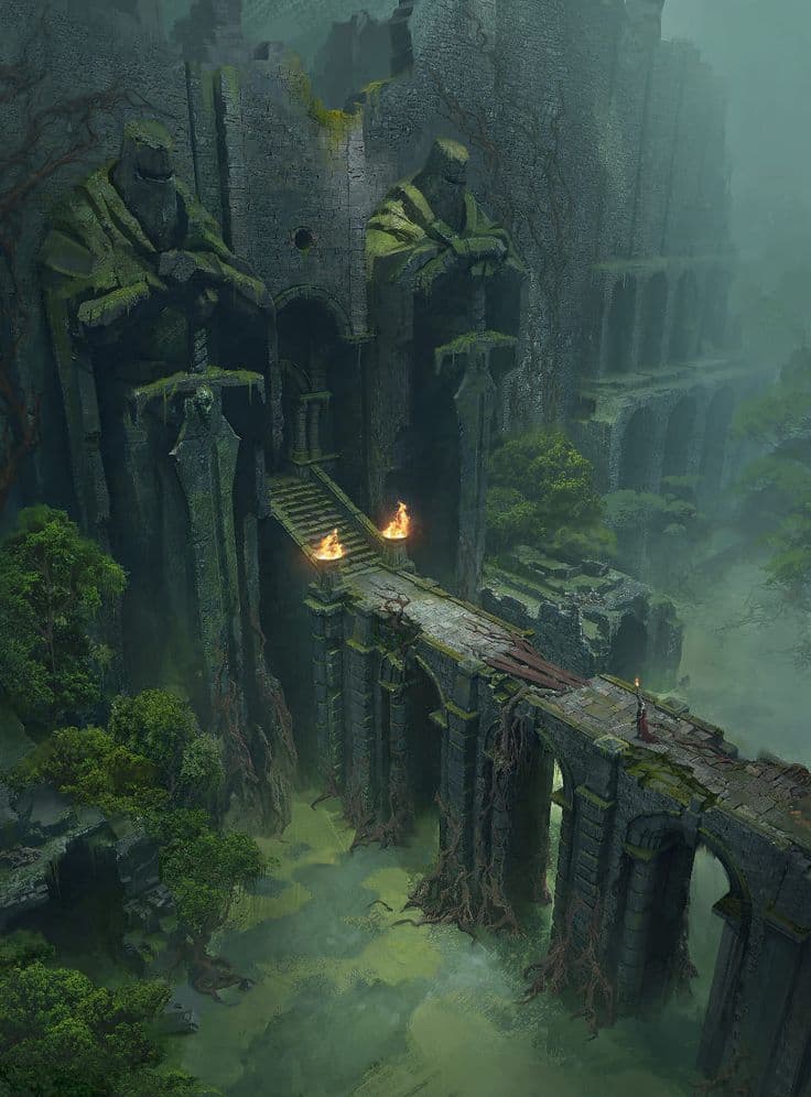 The image depicts a vast, overgrown ancient stone fortress with towering arches and moss-covered statues, partially submerged in misty, green-tinged water. A narrow, weathered bridge with torches leads across the ruins, flanked by gnarled roots and dense vegetation. The scene evokes a sense of forgotten grandeur and quiet decay, with the foggy atmosphere enhancing the mysterious, timeless mood. The art employs painterly textures and atmospheric lighting to create depth and emotional weight, emphasizing the contrast between nature’s reclaiming power and the architecture’s enduring, albeit crumbling, presence. The composition is a wide-angle aerial view, drawing the viewer into the scale and solemnity of the ruinous landscape.