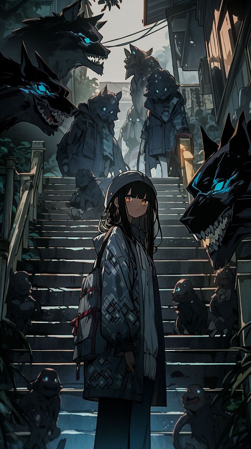 A young female character with long dark hair and glowing orange eyes stands at the center of a dimly lit urban staircase, wearing a hooded, patterned coat with a backpack, fully covering her body. Surrounding her are numerous shadowy, wolf-like creatures with glowing blue eyes, some perched on the stairs and others looming in the background, creating a sense of impending threat. The setting is a gritty, overgrown urban alleyway with weathered buildings and hanging wires, bathed in cool, diffused daylight. The artwork employs detailed cel shading with sharp linework and atmospheric perspective, emphasizing depth and mood. The overall tone is mysterious and slightly ominous, yet the character's calm stance suggests resilience against the surrounding danger.