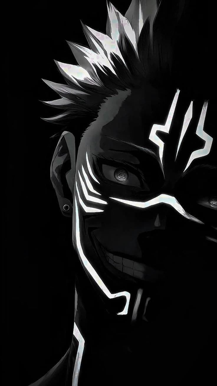 The image features a high-contrast, close-up portrait of Ryomen Sukuna from Jujutsu Kaisen, focusing on the right side of his face. He is depicted with his signature spiky hair and intricate black cursed energy markings that are rendered here with a glowing white effect against his dark skin. The character wears a menacing, wide-toothed grin and a sharp, intense gaze from a single visible eye with a detailed iris. The background is a solid, deep black, which emphasizes the stark white highlights on his hair and facial markings. The artistic technique utilizes heavy chiaroscuro and a monochromatic palette to create a powerful, intimidating presence. The overall atmosphere is dark, aggressive, and supernatural, reflecting the character's role as a powerful antagonist.