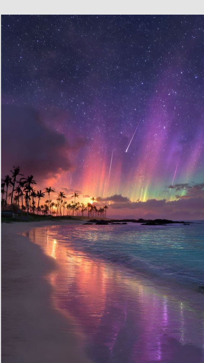 This image captures a breathtaking coastal landscape at twilight, featuring a star-filled sky with vibrant aurora borealis streaks of purple, pink, and green arching across the heavens. Below, a serene beach reflects the celestial glow, with gentle waves lapping at the shore and silhouetted palm trees lining the coastline. The scene is bathed in natural daylight transitioning into night, with soft, diffused lighting enhancing the tranquil and awe-inspiring atmosphere. The composition emphasizes the harmony between earth and sky, using rich color gradients and atmospheric perspective to create depth and emotional resonance. The overall mood is peaceful and contemplative, inviting viewers to appreciate the natural beauty of the universe.