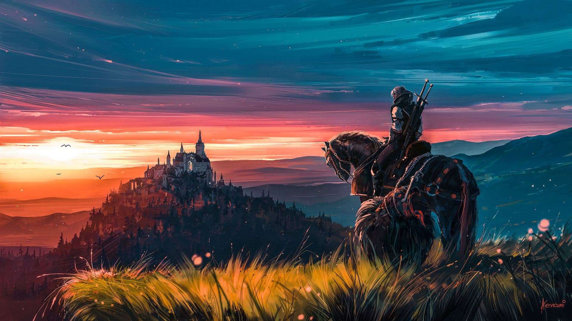 The main subject is a knight clad in full plate armor, mounted on a dark horse. The knight wears a helmet with a visor and carries weapons at their side, facing left toward a distant medieval castle perched atop rolling hills. The scene depicts a sunset over the landscape, with tall grasses in the foreground catching warm light while the sky transitions from deep blue to vibrant orange-red hues. Artistic elements include sharp digital lines, cel-shaded shading that emphasizes texture and depth, and atmospheric perspective creating layers between the foreground, middle ground (castle), and background (sky). The overall atmosphere is epic yet peaceful, blending the grandeur of fantasy architecture with the serene beauty of a natural sunset.