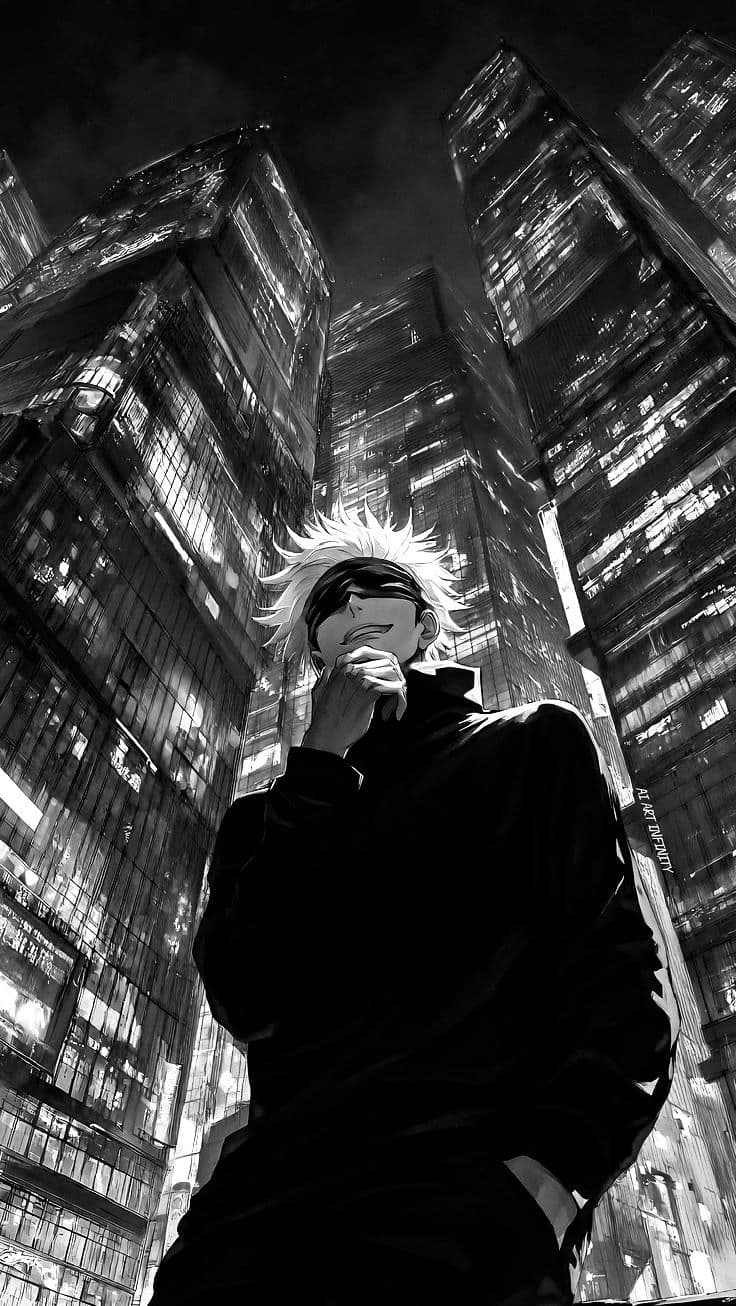 The image features Satoru Gojo from Jujutsu Kaisen, depicted in a striking monochrome palette. He is wearing his signature high-collared dark jacket and a black blindfold that covers his eyes, with his spiky white hair contrasting sharply against the dark background. The character is shown in a worm's-eye view perspective, looking down at the viewer with a confident, slight smirk while resting his chin on his hand. He is positioned in the center of a dense urban environment, surrounded by towering skyscrapers that stretch toward a dark night sky. The artistic style utilizes high-contrast black and white tones with detailed textures on the building windows to simulate a glowing city effect. The overall atmosphere is cool, powerful, and mysterious, emphasizing the character's dominant presence within a modern metropolitan setting.