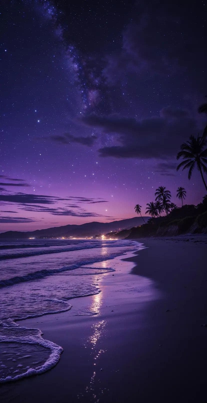 This image captures a serene nocturnal beach scene under a vibrant, star-filled sky dominated by the Milky Way. The horizon glows with soft purples and pinks, transitioning into deep indigo above, while gentle waves lap at the shore, reflecting the celestial glow. Silhouetted palm trees line the right side of the frame, contrasting with the luminous water and distant coastal lights. The composition emphasizes tranquility and awe, with the vastness of the cosmos juxtaposed against the quiet, rhythmic motion of the tide. The artistic rendering uses smooth gradients and atmospheric perspective to create depth and a dreamlike, meditative mood.
