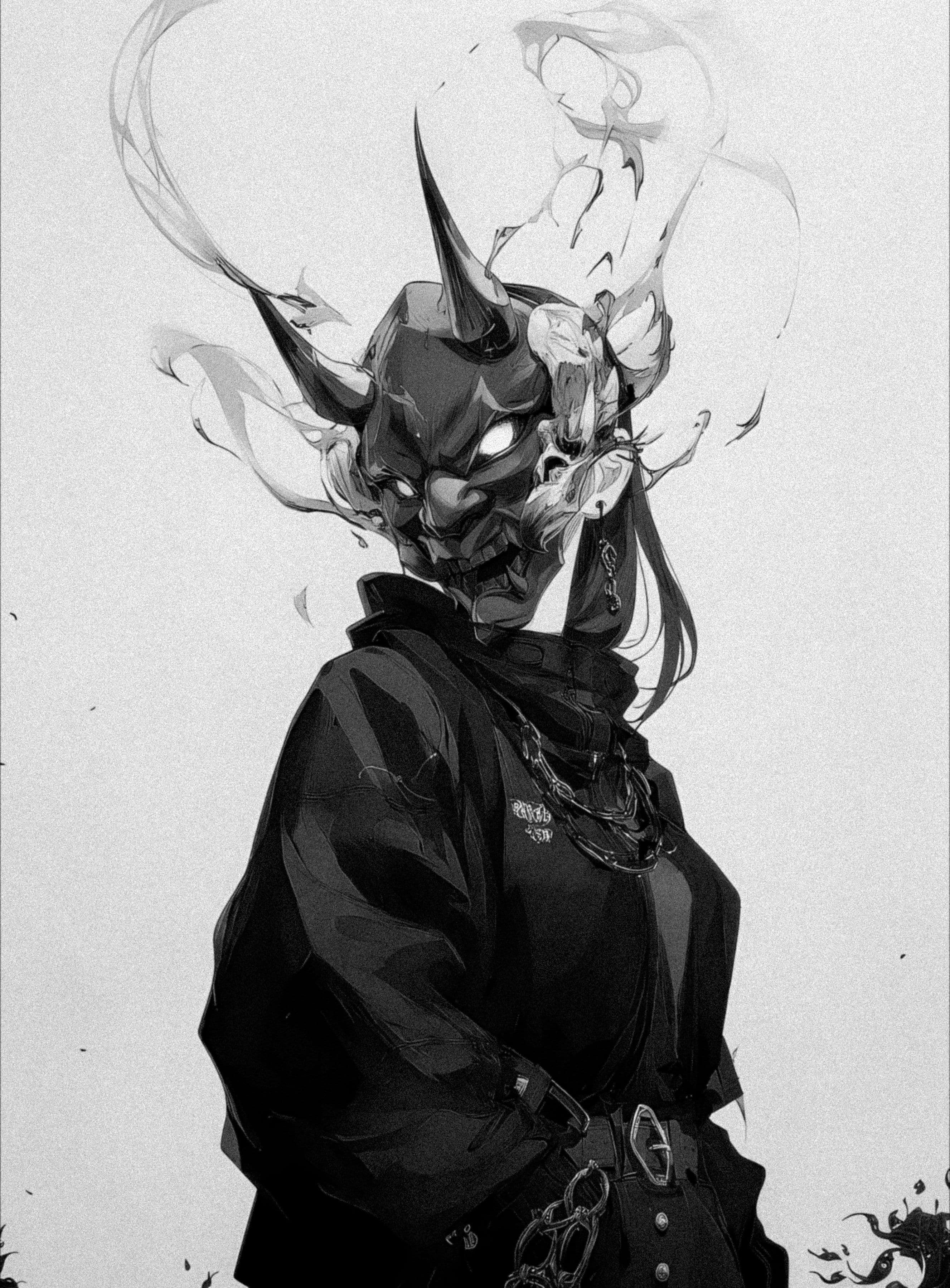 The image portrays a stylized, menacing humanoid figure with a demonic mask featuring sharp horns and glowing eyes, surrounded by swirling, smoke-like tendrils. The character is clad in a dark, high-collared coat with visible chains and metallic buckles, suggesting a gothic or urban fantasy aesthetic. The figure's posture is imposing and static, with one hand partially visible in a pocket, conveying a sense of power and mystery. The artwork employs dramatic chiaroscuro lighting and expressive linework to emphasize the character's intimidating presence against a plain, textured background. The overall mood is dark, intense, and atmospheric, evoking themes of supernatural power and urban decay.