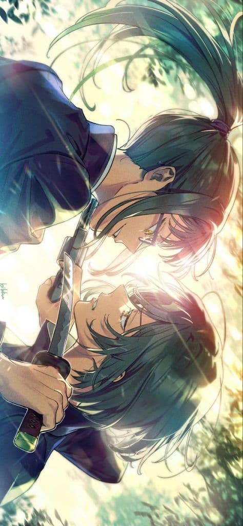 The image features two characters from Jujutsu Kaisen, Maki Zenin and Mai Zenin, in a tense and emotionally charged confrontation. Maki, positioned at the top, wears her dark high-collared school uniform with her hair in a signature ponytail, while Mai, at the bottom, is similarly dressed in her dark jujutsu tech attire. The sisters are locked in a close-quarters struggle, with Maki holding a polearm or sword near Mai's neck, and Mai aiming a revolver back at her sister. The setting is an outdoor forest or garden area, heavily filtered with bright, ethereal sunlight filtering through the leaves, creating a high-contrast 'bokeh' effect. The artistic style is highly polished with sharp line work and a painterly approach to lighting, utilizing lens flares and soft glows to enhance the drama. The overall atmosphere is one of tragic conflict, blending a peaceful natural environment with the intense, violent rivalry of the two siblings.