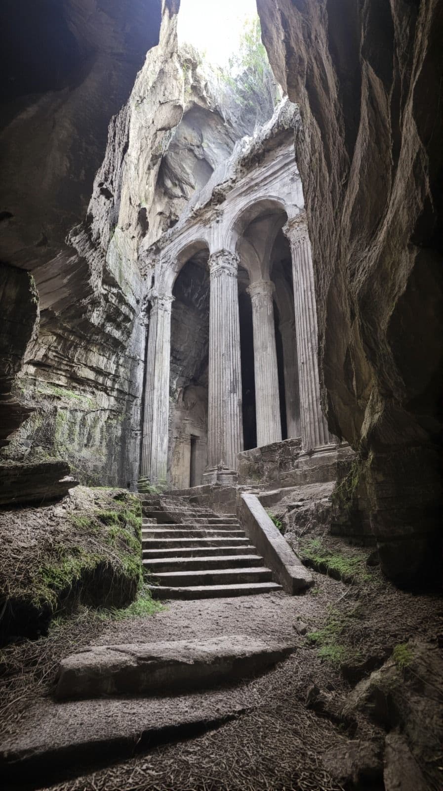 The image captures a dramatic, awe-inspiring view of ancient Roman ruins nestled within a massive, natural rock cavern. A series of weathered stone columns and arches, remnants of a once-grand temple or public building, stand solemnly at the top of a worn stone staircase that winds upward into the cavern. The surrounding rock walls are rugged and textured, with patches of moss and ferns clinging to the earthy surfaces, suggesting centuries of natural integration. The scene is illuminated by a single shaft of bright daylight piercing through the cavern’s opening, casting strong contrasts between shadowed crevices and sunlit stone. The composition evokes a sense of historical reverence and quiet mystery, inviting contemplation of forgotten civilizations.