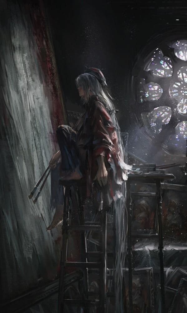 A solitary, long-haired character with pale skin and a flowing, tattered red-and-gray robe stands on a wooden ladder, engaged in painting a large canvas. The character’s posture is contemplative, with one hand holding a brush and the other resting on the ladder, suggesting deep focus. Behind them, a massive stained-glass window casts dramatic, diffused light into the dimly lit, cluttered studio filled with easels and art supplies. The atmosphere is moody and introspective, enhanced by the contrast between the bright window and the shadowy interior. The artwork employs painterly textures and soft gradients, blending realism with stylized anime proportions, creating a sense of quiet artistic devotion.