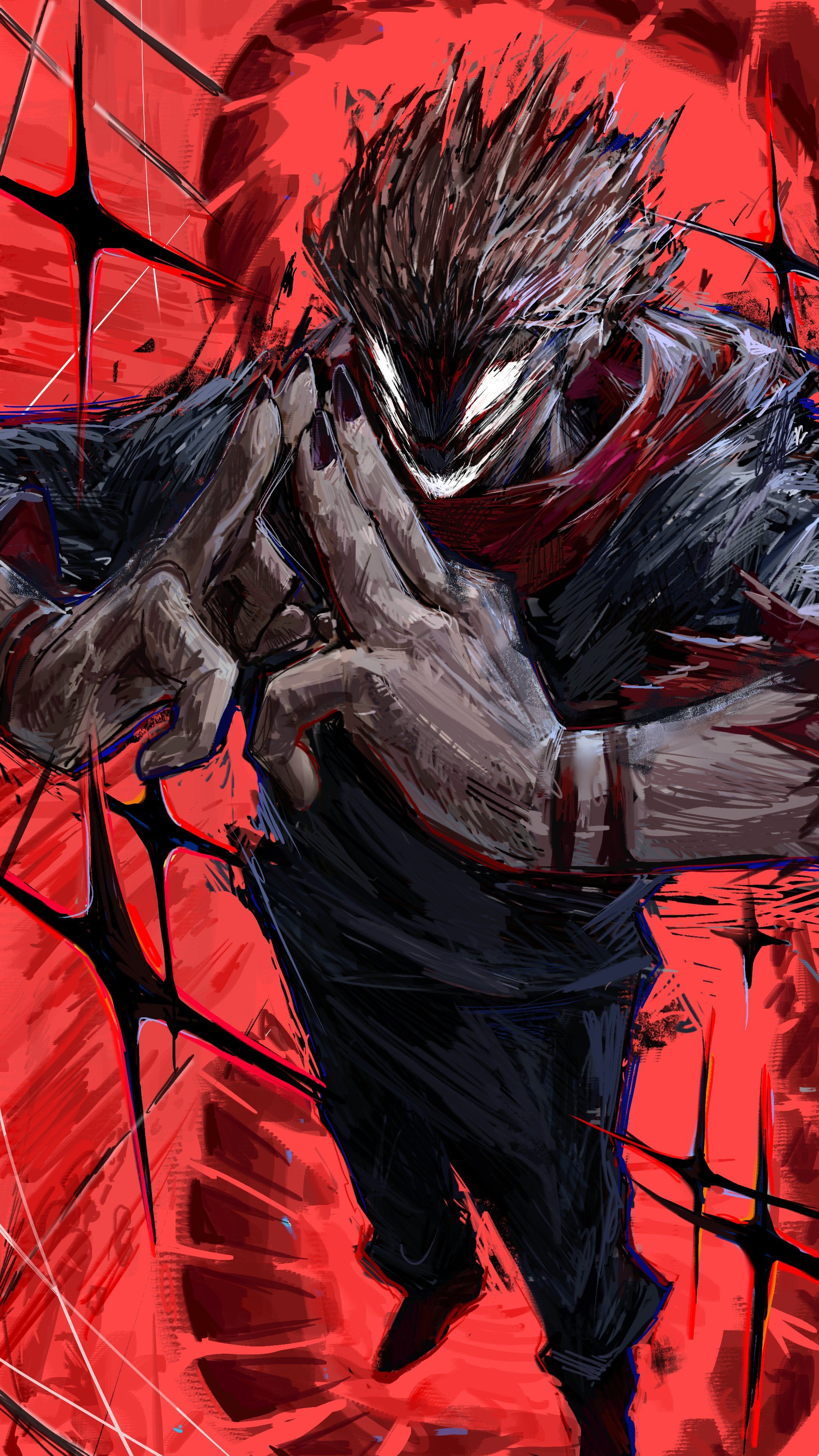 The image features Ryomen Sukuna from Jujutsu Kaisen in a highly stylized, monstrous form, wearing his signature dark kimono with a red scarf. He is depicted performing a complex hand sign, likely the 'Malevolent Shrine' domain expansion, with his multiple hands positioned prominently in the foreground. The setting is an abstract, chaotic space dominated by a vibrant, blood-red background filled with jagged black sparks and aggressive brushstrokes. The artistic technique utilizes a painterly, sketchy digital style with heavy texture and high-contrast lighting that emphasizes his glowing white eyes. The overall atmosphere is intense, menacing, and powerful, capturing a moment of extreme supernatural aggression.