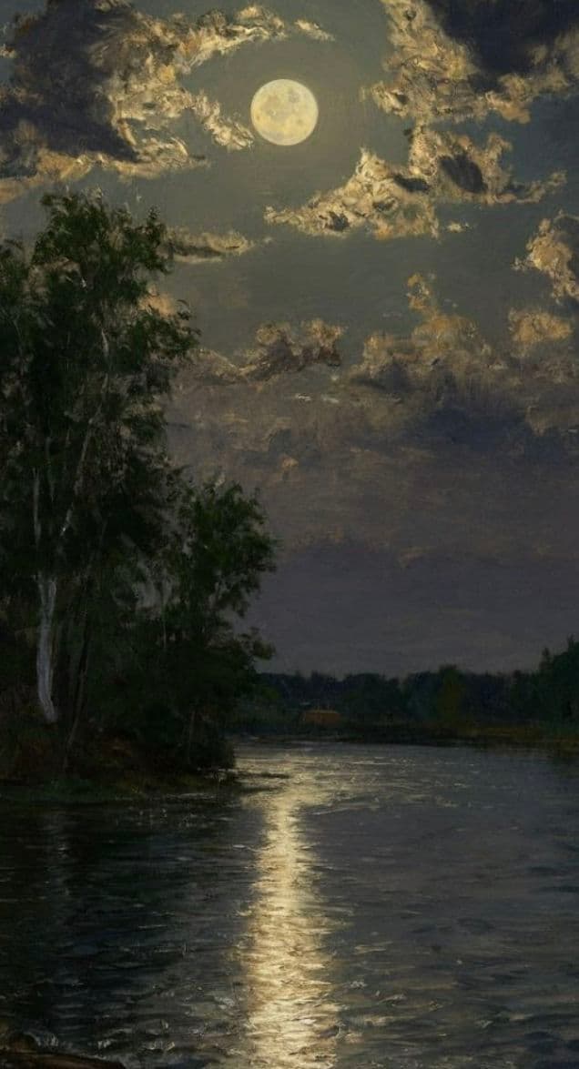 This image depicts a serene nocturnal landscape under a luminous full moon, with its reflection shimmering across a calm river surface. On the left, a dense cluster of dark, leafy trees stands silhouetted against the moonlit sky, while the distant shoreline hints at subtle architectural forms. The sky is filled with voluminous, textured clouds that catch the moon’s glow, creating a dramatic yet peaceful atmosphere. The painting employs rich, atmospheric brushwork and a cool color palette dominated by deep blues, greys, and muted greens, enhancing the tranquil, contemplative mood. The composition balances the verticality of the trees with the horizontal expanse of the water and sky, evoking a sense of quiet solitude and natural beauty.