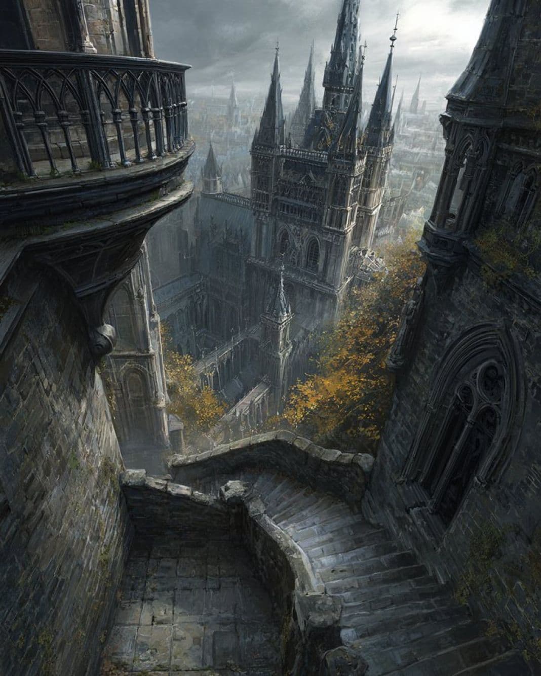 This image depicts a sweeping, atmospheric view from a high vantage point overlooking a sprawling, gothic cathedral complex with towering spires and intricate stone architecture. A winding stone staircase descends into the scene, leading the viewer’s eye toward the grand, mist-shrouded cathedral below. The environment is rich with architectural detail, including arched windows, ornate balconies, and moss-covered walls, suggesting age and abandonment. The lighting is soft and diffused, characteristic of an overcast day, casting subtle shadows that enhance the depth and texture of the stonework. The overall mood is solemn, mysterious, and slightly melancholic, evoking a sense of history and solitude within a grand, decaying structure.