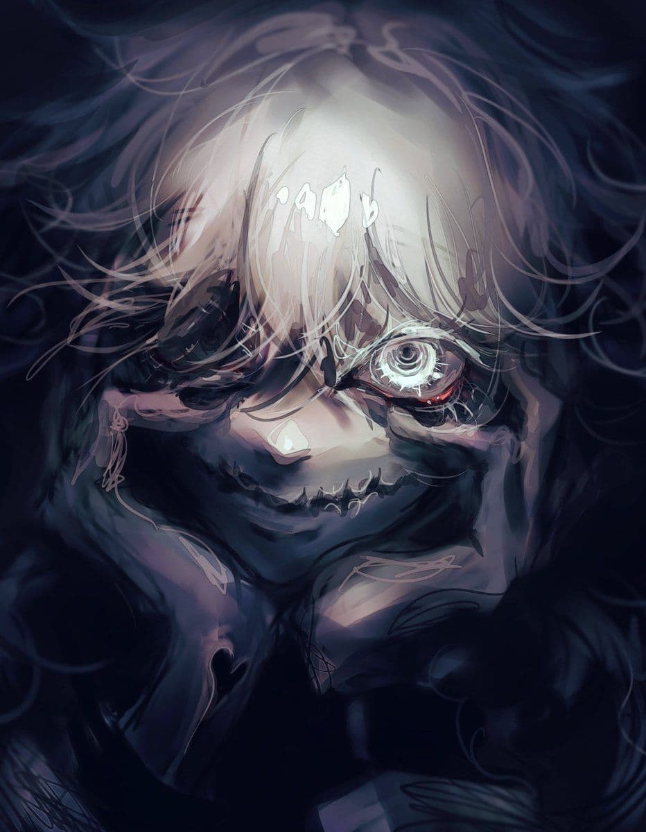 The image portrays a close-up portrait of a stylized, menacing character with pale, disheveled hair and a grotesque, skeletal face featuring a wide, toothy grin. One eye is intensely glowing with a red and white spiral pattern, while the other is obscured by shadow and hair, conveying a haunting, eerie expression. The character's face is partially obscured by dark, swirling tendrils of hair and shadow, enhancing the sense of dread and psychological intensity. The artwork uses dramatic chiaroscuro lighting with a strong front-facing light source, highlighting the character's features against a deep, inky background. The overall mood is unsettling and dark, evoking themes of horror, madness, or supernatural power through its detailed, painterly rendering and high emotional intensity.