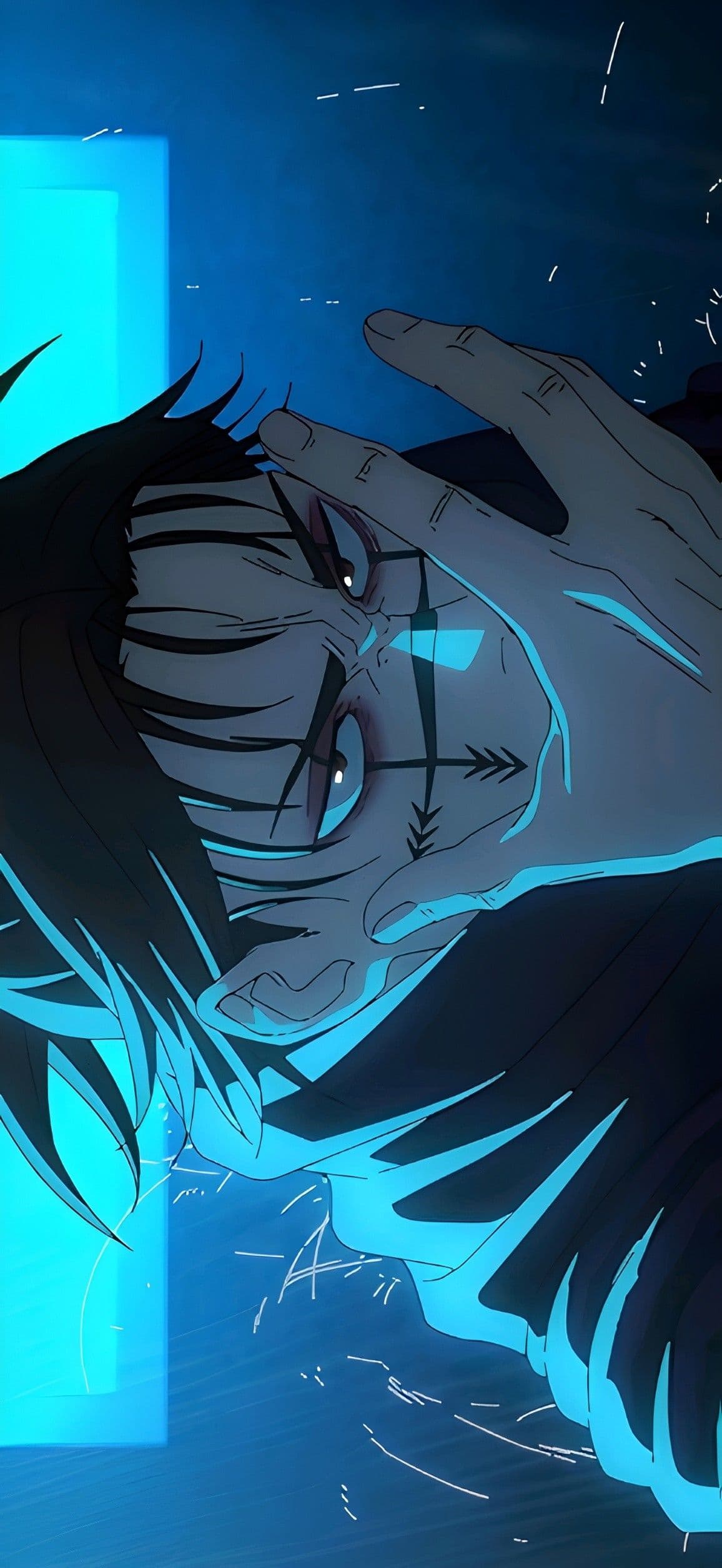 The image features a close-up, tilted portrait of Choso from Jujutsu Kaisen, characterized by his distinct facial markings consisting of a horizontal line across the bridge of his nose with arrow-like tips. He is depicted with a hand partially covering his face, peering through his fingers with an intense, focused gaze. The character wears his signature dark, high-collared garment, which is rendered in deep shadows. The scene is illuminated by a striking cyan neon light source from the side, creating sharp rim lighting and high-contrast highlights on his hair and skin. The artistic style is modern digital with clean linework and dramatic cel-shading, emphasizing a tense and supernatural atmosphere. The overall mood is serious and mysterious, utilizing a cool color palette to evoke a sense of cold determination.