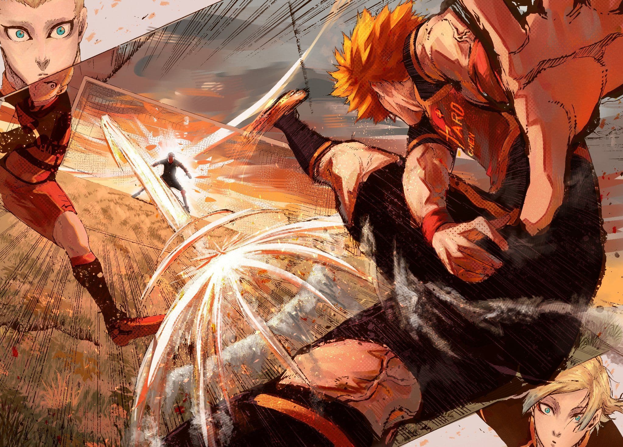 The image captures a high-energy action scene featuring multiple characters in dynamic combat poses, with one central figure mid-kick emitting a bright energy blast. The character in the foreground wears a sleeveless top and shorts, with visible arm and leg coverage, while the background character is in a red and black uniform with full coverage. The composition uses motion lines and explosive effects to convey intense movement and power, set against a desolate, sunlit battlefield. The art employs cel-shaded rendering with sharp linework and dramatic lighting, emphasizing the characters' muscular forms without revealing any skin. The overall mood is epic and kinetic, evoking a sense of fierce competition and high stakes within a stylized, action-oriented universe.