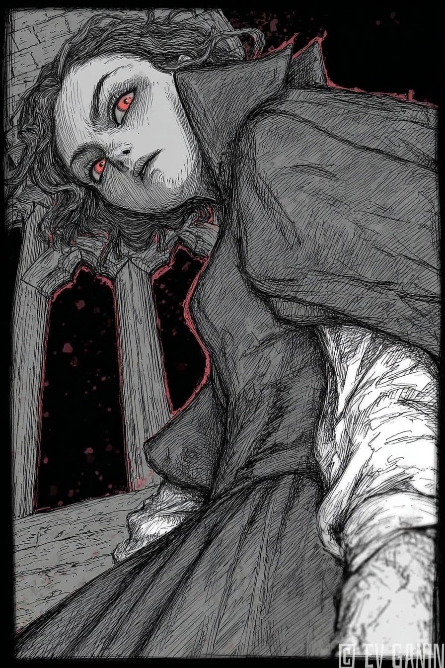 The image portrays a female character with dark, wavy hair and piercing red eyes, depicted in a dramatic, tilted pose leaning against a stone structure. She wears a long, high-collared coat with a textured, layered interior garment, fully covering her body and emphasizing modesty. The character's expression is intense and contemplative, with a slight upward gaze that conveys mystery or menace. The artwork utilizes heavy cross-hatching and ink-like linework, creating a gritty, textured surface that contrasts with the stark white skin tones. The setting appears to be a dimly lit, gothic interior with arched windows, suggesting a haunted or historical atmosphere. The overall tone is moody and atmospheric, with a focus on psychological intensity rather than physical allure.