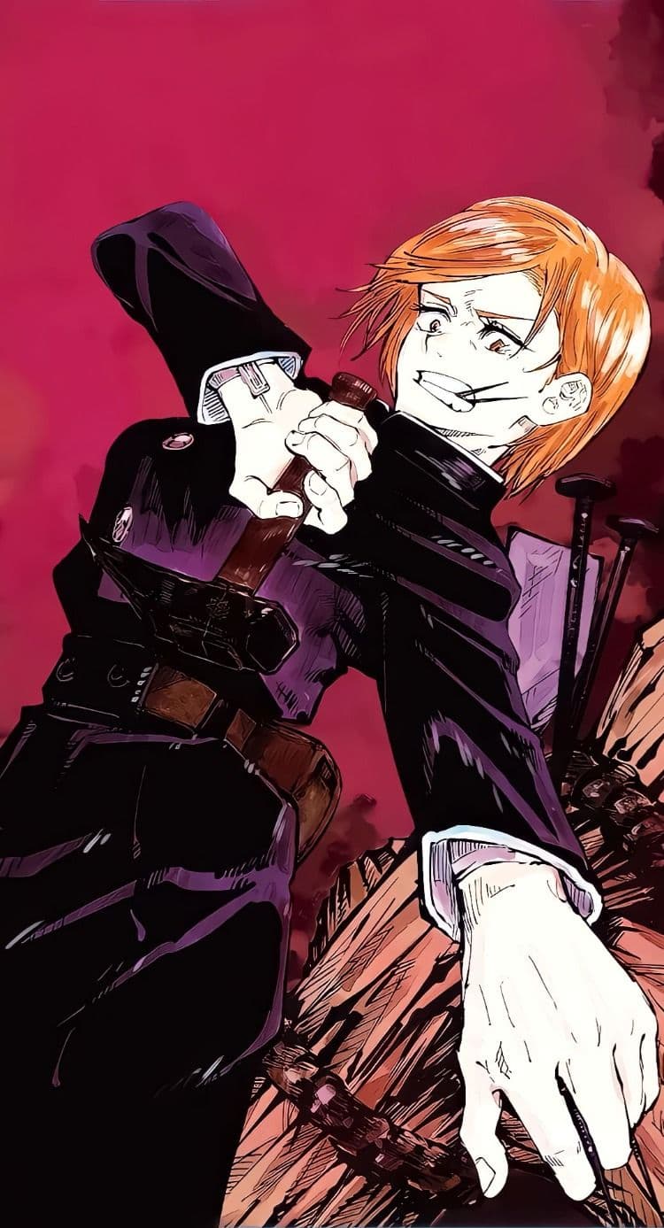 The image features Nobara Kugisaki from Jujutsu Kaisen, depicted in her signature dark high-collared school uniform with a brown utility belt. She is captured in a dynamic, low-angle action pose, gripping a hammer with both hands while holding a metal nail between her teeth. The background is a striking, textured crimson red that suggests a high-stakes or supernatural environment. The artistic style utilizes heavy, expressive ink lines and high-contrast cel shading, characteristic of modern manga cover art. The overall atmosphere is intense, gritty, and determined, reflecting the character's fierce personality and combat-ready state.