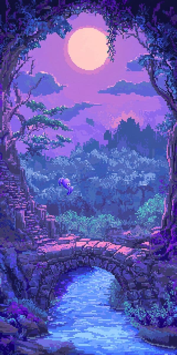 The image depicts a serene, dreamlike landscape rendered in a pixel art style, featuring a stone arch bridge spanning a flowing river beneath a large, glowing orange moon. Lush purple and blue foliage frames the scene, with a winding staircase ascending one side of the bridge, suggesting a path into mystery. A small, stylized purple creature hovers mid-air near the bridge, adding a whimsical element to the tranquil setting. The composition uses soft gradients and layered depth to create a magical, ethereal atmosphere, enhanced by the warm moonlight contrasting with the cool ambient tones. The overall mood is peaceful and inviting, evoking a sense of quiet wonder and exploration.