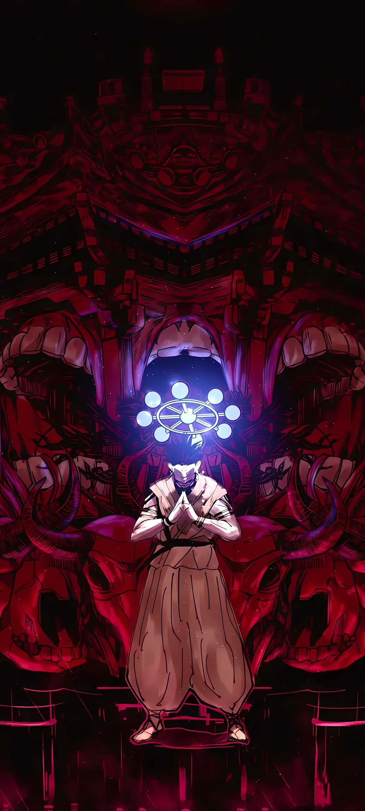 The image features the character Ryomen Sukuna from Jujutsu Kaisen standing in a meditative prayer pose with hands pressed together. He is dressed in a traditional light-colored kimono with wide sleeves and hakama-style trousers, secured by a dark sash. Behind him looms the 'Malevolent Shrine,' a massive, macabre structure composed of skeletal remains, multiple gaping mouths with sharp teeth, and large bull-like horns. A glowing blue Dharmachakra wheel with eight orbs floats behind his head, providing a sharp contrast to the deep red lighting. The artistic style utilizes heavy shadows and high-contrast digital painting to create a sense of immense power and dread. The overall atmosphere is dark, intense, and supernatural, reflecting a moment of peak spiritual or combative focus.