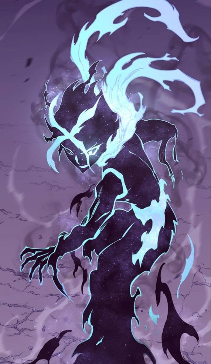 The image portrays a stylized, menacing supernatural entity with a dark, star-speckled silhouette and glowing cyan energy tendrils swirling around its form. Its face is obscured by shadow and glowing patterns, with piercing eyes that convey intense power and aggression. The creature's limbs are elongated and clawed, suggesting a powerful, otherworldly presence. The background features a cracked, cosmic purple landscape, enhancing the sense of a chaotic, mystical realm. The artwork employs bold linework and cel-shaded shading to emphasize the character's dynamic energy and imposing stature, creating a visually striking and dramatic composition.