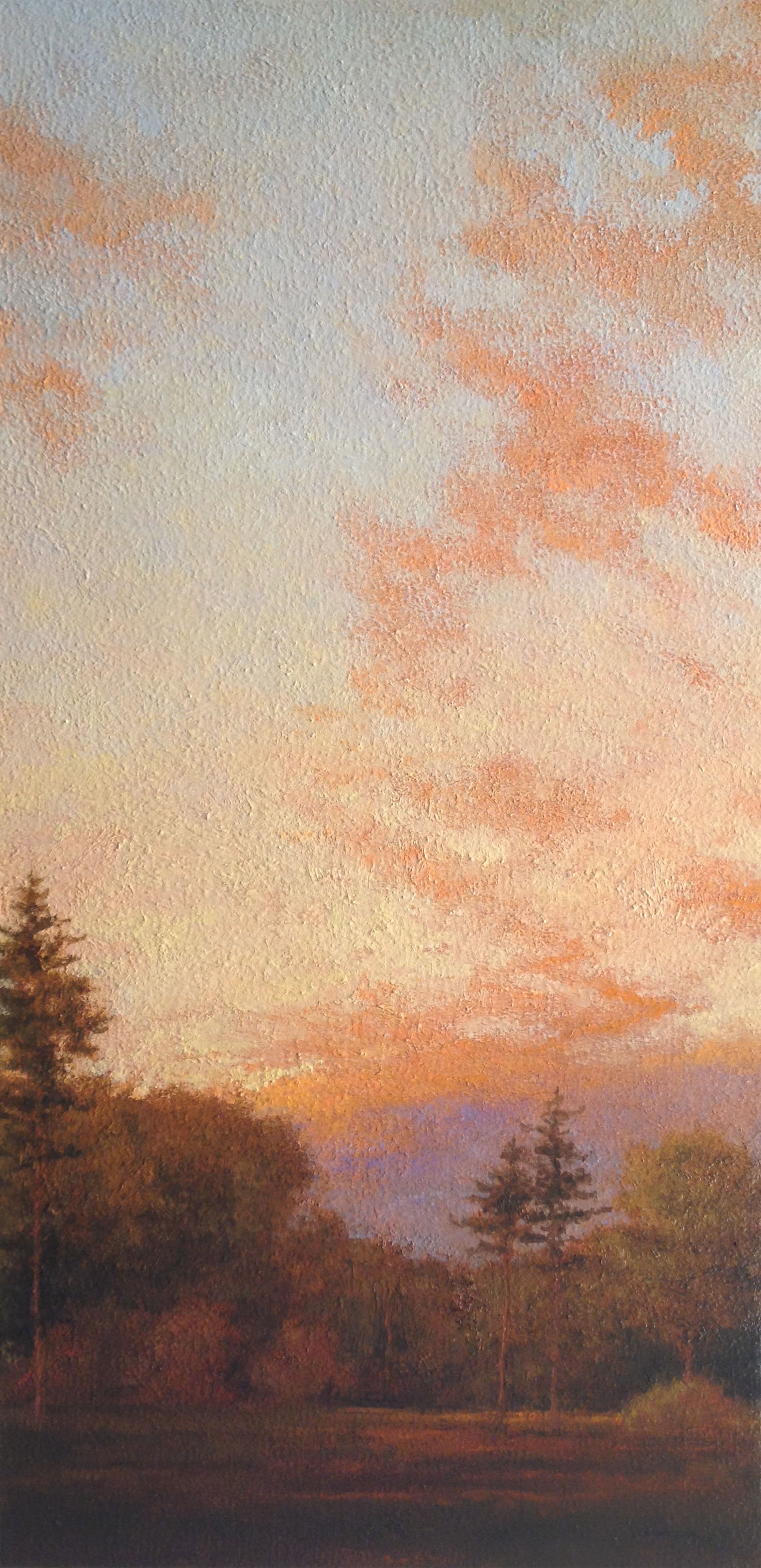 This image is a serene landscape painting depicting a tranquil forest at sunset, with tall evergreen trees silhouetted against a vast, softly textured sky. The sky transitions from warm peach and orange hues near the horizon to cooler lavender and pale blue tones above, suggesting the end of the day. The foreground features a dark, shadowed clearing, while the midground contains a dense cluster of trees with rich, earthy tones. The artwork employs visible brushstrokes and a painterly texture, creating a sense of depth and atmospheric calm. The overall mood is peaceful and contemplative, evoking a quiet, natural stillness.