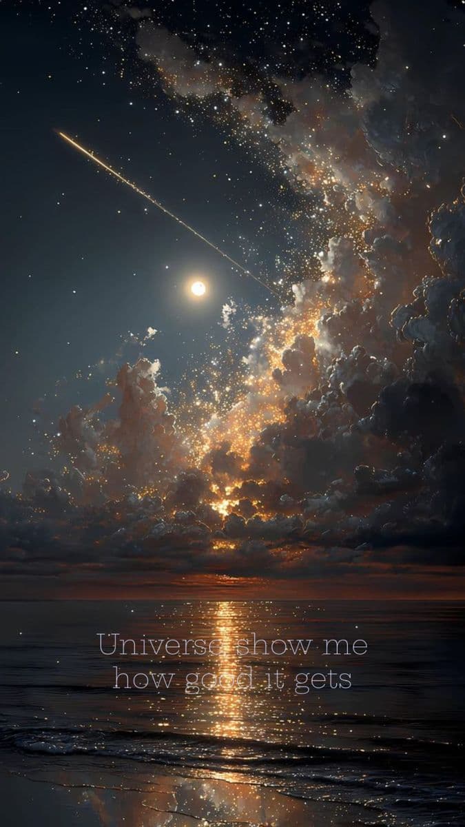 This image captures a breathtaking celestial scene at twilight, featuring a radiant moon and a streaking meteor arc across a star-filled sky. Below, voluminous clouds illuminated by golden light from the setting sun reflect dramatically on the calm ocean surface, with gentle waves lapping at the shore. The composition balances the vastness of the cosmos with the serene terrestrial horizon, evoking a sense of awe and tranquility. The artwork employs rich, painterly textures and atmospheric depth, with soft gradients transitioning from deep indigo to warm amber tones. The overall mood is peaceful and contemplative, inviting viewers to reflect on the beauty of nature and the cosmos.
