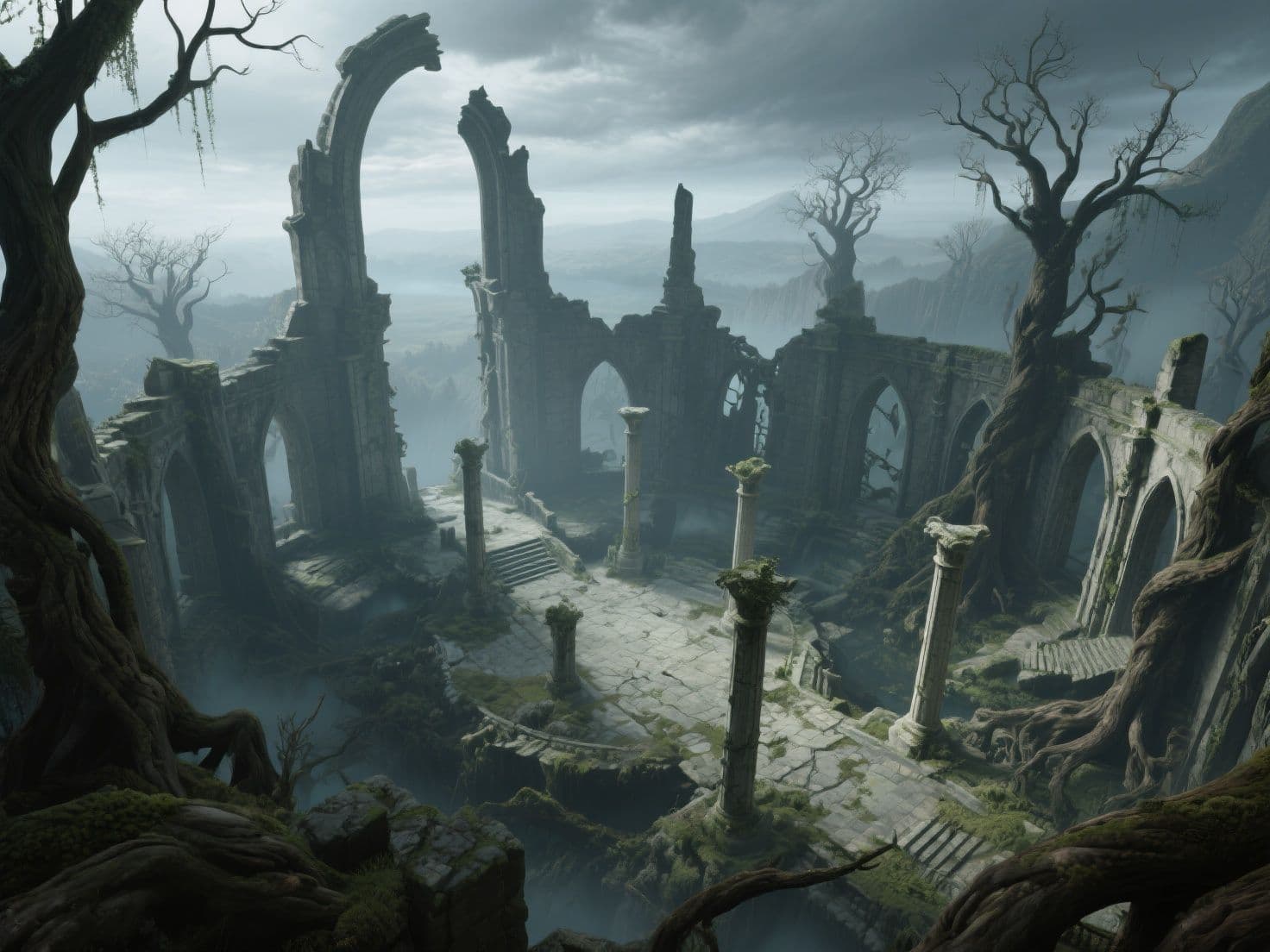 The image depicts a desolate, overgrown ruin of ancient stone arches and columns, partially engulfed by gnarled, moss-covered tree roots and twisted branches. The architecture suggests a once-grand cathedral or fortress now reclaimed by nature, with weathered stone steps and broken pillars standing amidst foggy, mist-laden air. The scene is set in a vast, open landscape with distant mountains visible under a heavy, stormy sky, evoking a sense of abandonment and timelessness. The artistic style employs detailed cel shading with atmospheric perspective, emphasizing depth and texture through layered shadows and soft gradients. The overall mood is somber and contemplative, with a melancholic tone amplified by the muted color palette and the quiet, empty grandeur of the decaying structure.