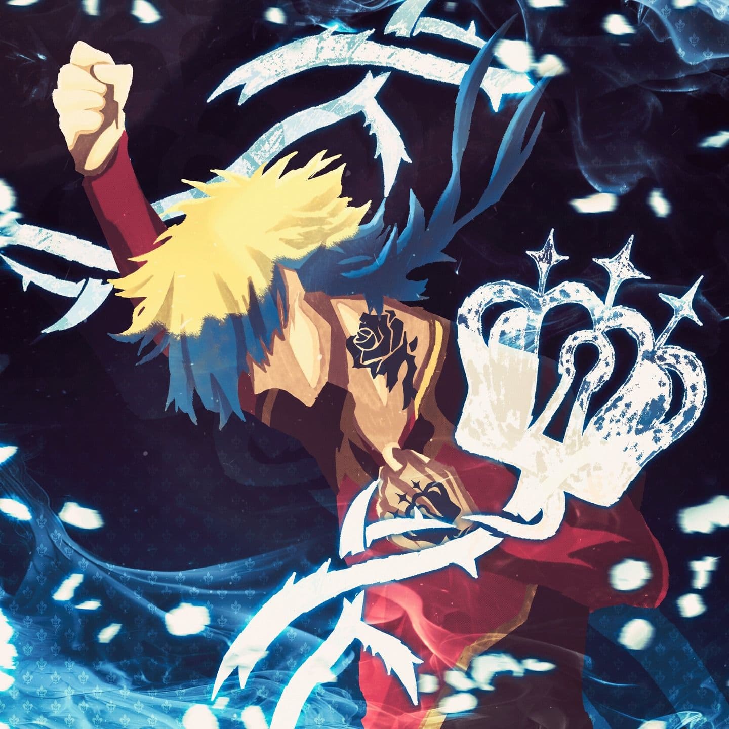 The image features a dynamic anime character with spiky, two-toned hair—golden-yellow at the top and deep blue at the tips—wearing a red garment with a high collar and visible black rose tattoo on the shoulder. The character is captured mid-action, raising a clenched fist in a triumphant or defiant pose, surrounded by stylized white energy tendrils and a large, ornate crown-like symbol. The background is a dark, cosmic swirl with glowing blue particles, suggesting a powerful magical or supernatural event. The art employs bold, clean lines and cel-shaded color gradients, emphasizing the character's heroic stance and the explosive energy around them. The overall mood is epic and energetic, conveying a sense of victory or transformation through dramatic composition and vibrant contrast.