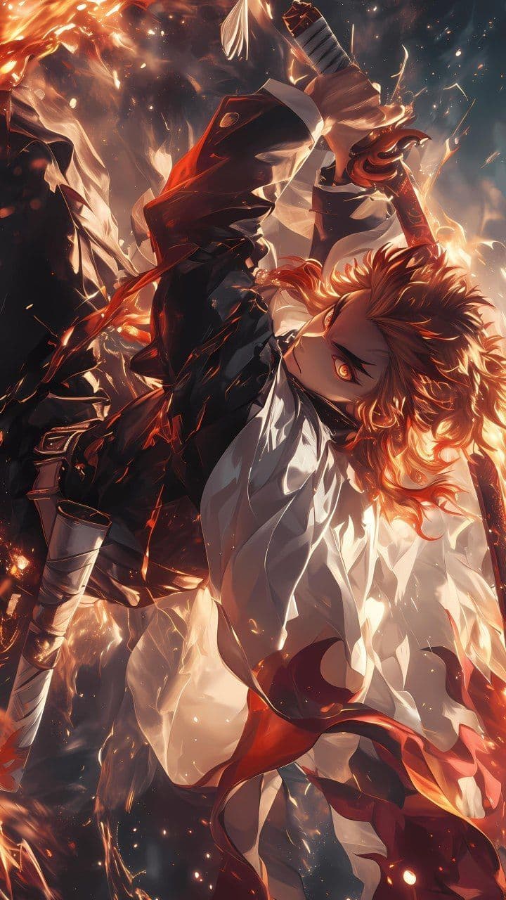 The image features a dynamic anime character with voluminous, fiery-orange hair and intense, glowing eyes, captured mid-action in a dramatic combat pose. The character wears a flowing white and dark red robe with intricate detailing, partially obscured by motion and fire effects, suggesting a powerful, possibly supernatural ability. The background is filled with explosive flames and debris, conveying a sense of high-energy battle or transformation. The art employs sharp linework and cel-shaded shading to emphasize form and motion, with a strong contrast between the warm fire tones and cooler shadowed areas. The overall atmosphere is epic and intense, evoking themes of power, struggle, and determination, with a visually arresting composition that centers the character against a chaotic, fiery backdrop.