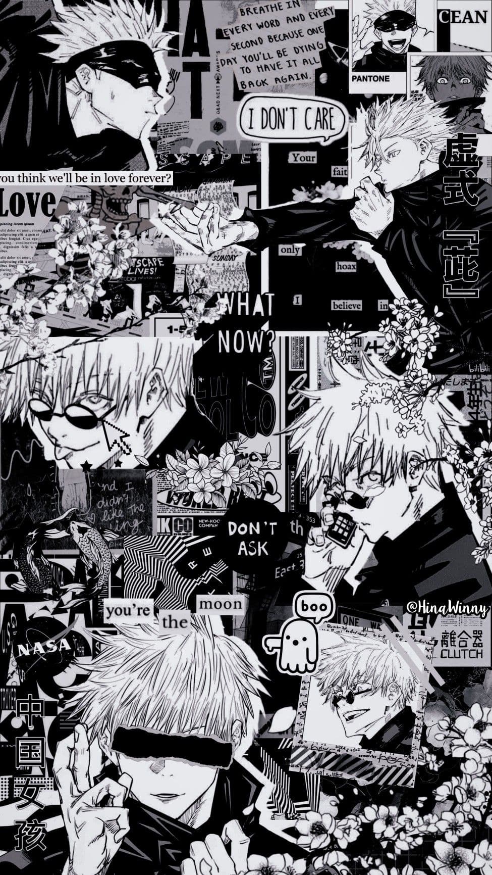 This image is a complex monochrome digital collage featuring Satoru Gojo from Jujutsu Kaisen in various iconic manga-style depictions. The subject is shown wearing his signature high-collared dark jacket and alternating between his black blindfold and dark sunglasses, maintaining a fully modest and professional appearance throughout. The poses range from intense combat stances and hand signs to casual, smirking portraits, capturing the character's multifaceted personality. The background is a dense 'manga aesthetic' or 'grunge' wallpaper style, filled with typography, floral patterns, abstract shapes, and various text snippets in English and Japanese. Artistically, the piece utilizes high-contrast black and white tones with heavy ink-style shading and screentone textures typical of Japanese manga. The overall atmosphere is cool, stylish, and slightly chaotic, reflecting a modern urban fan-art aesthetic.